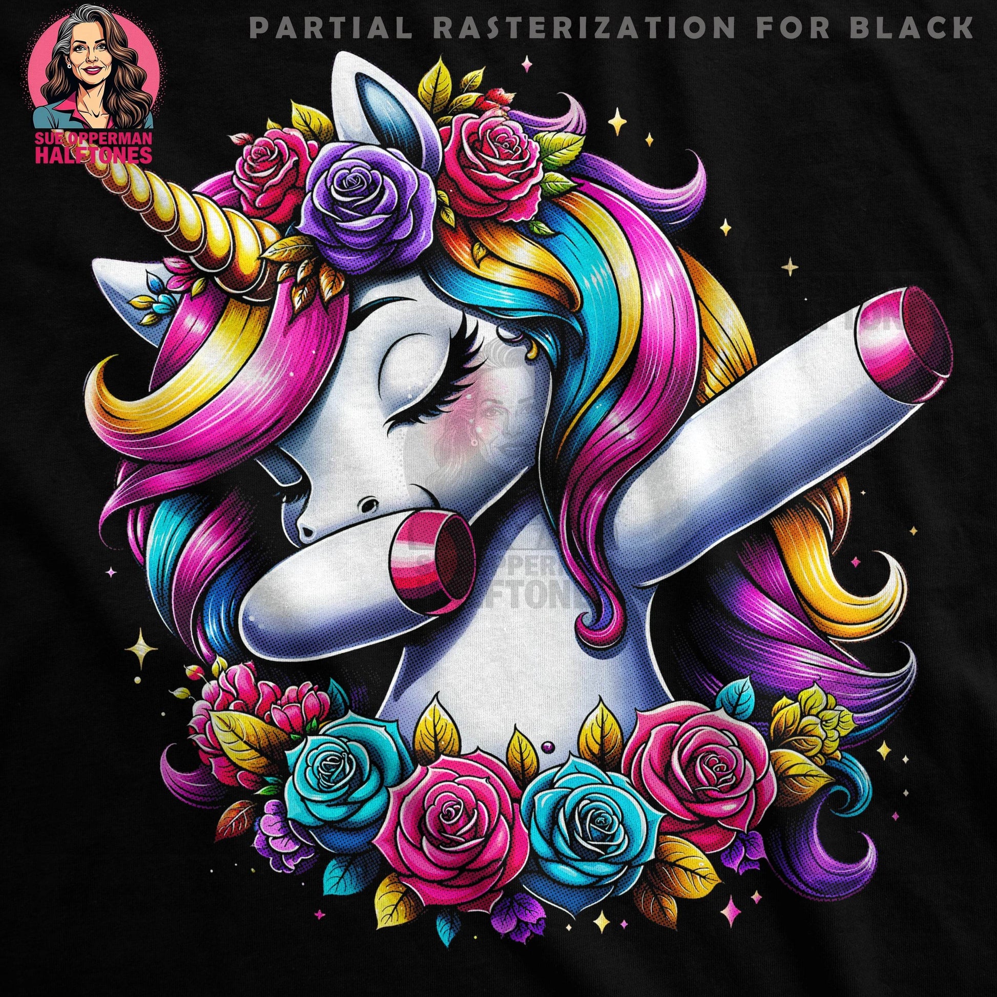 Unicorn with Roses Floral Halftone T-Shirt Design - halftone PNG for T-shirts – Sue Opperman Halftones