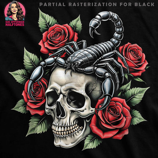 Skull Scorpion and Roses Detailed Halftone T-Shirt Design - halftone PNG for T-shirts – Sue Opperman Halftones