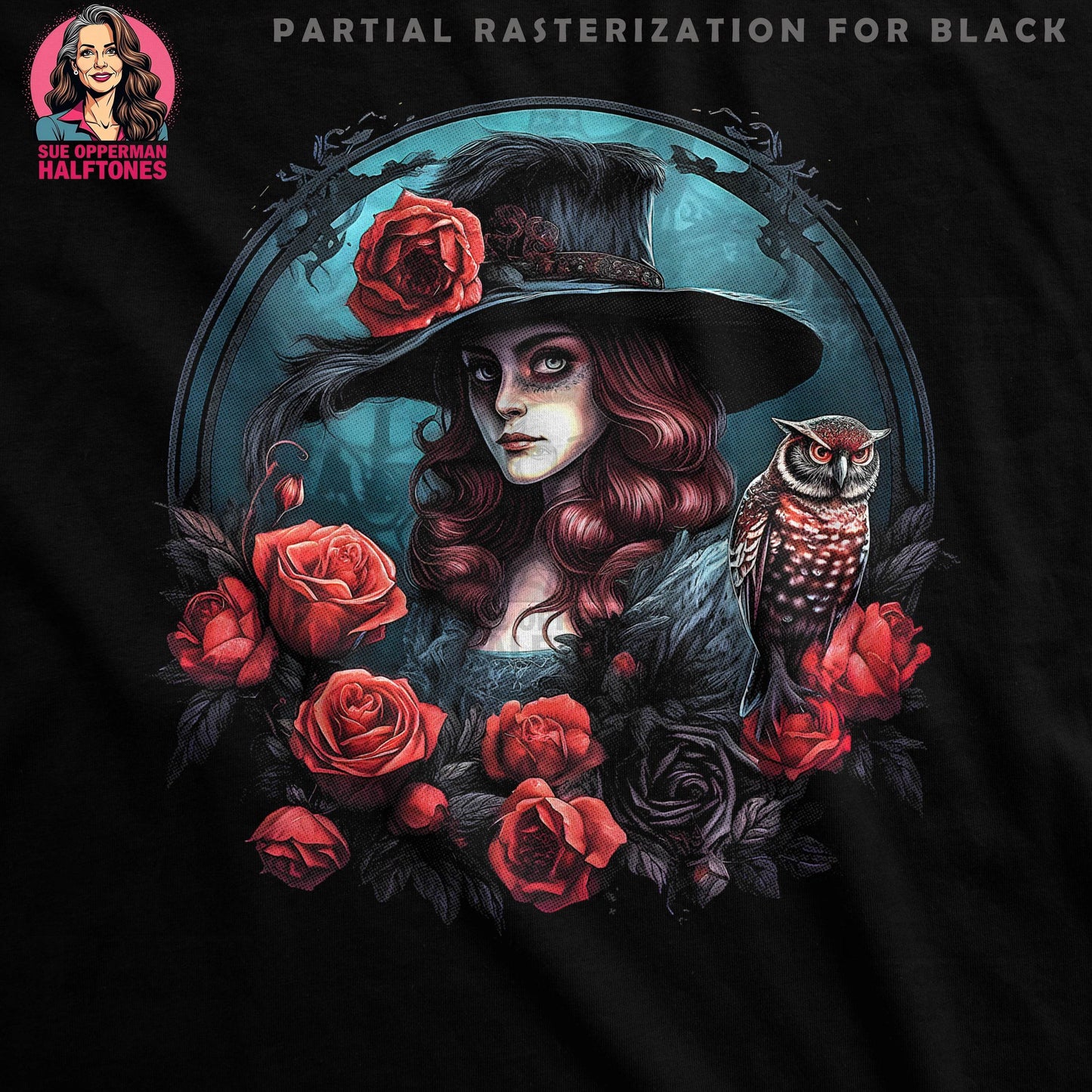 Glamour Roses and Owl Detailed Halftone T-Shirt Design - halftone PNG for T-shirts – Sue Opperman Halftones