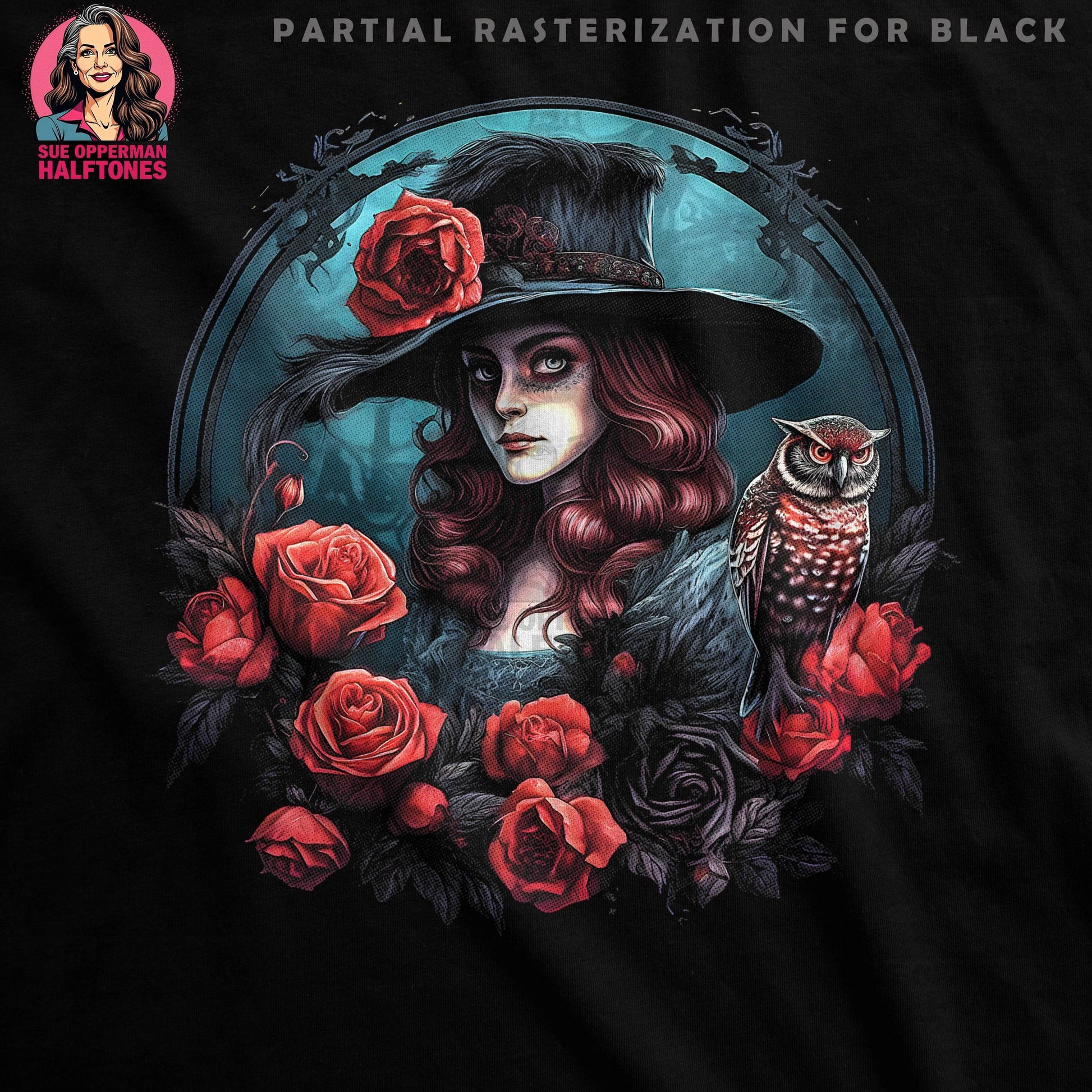 Glamour Roses and Owl Detailed Halftone T-Shirt Design - halftone PNG for T-shirts – Sue Opperman Halftones