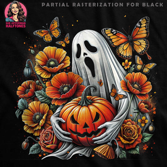 Floral Ghost and Pumpkin Halftone T-Shirt Design Digital - halftone PNG for T-shirts – Sue Opperman Halftones