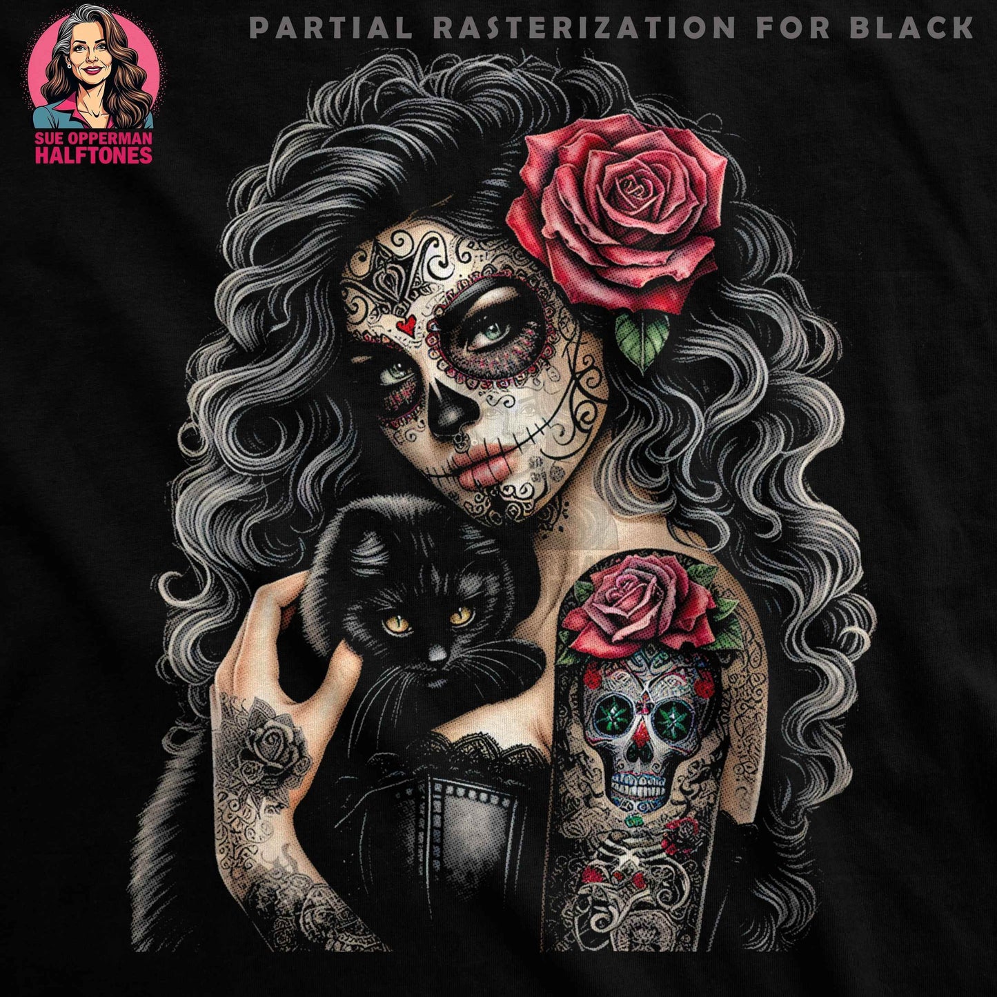 Sugar Skull Girl With Cat Halftone T-Shirt Design - halftone PNG for T-shirts – Sue Opperman Halftones