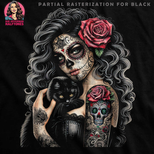 Sugar Skull Girl With Cat Halftone T-Shirt Design - halftone PNG for T-shirts – Sue Opperman Halftones