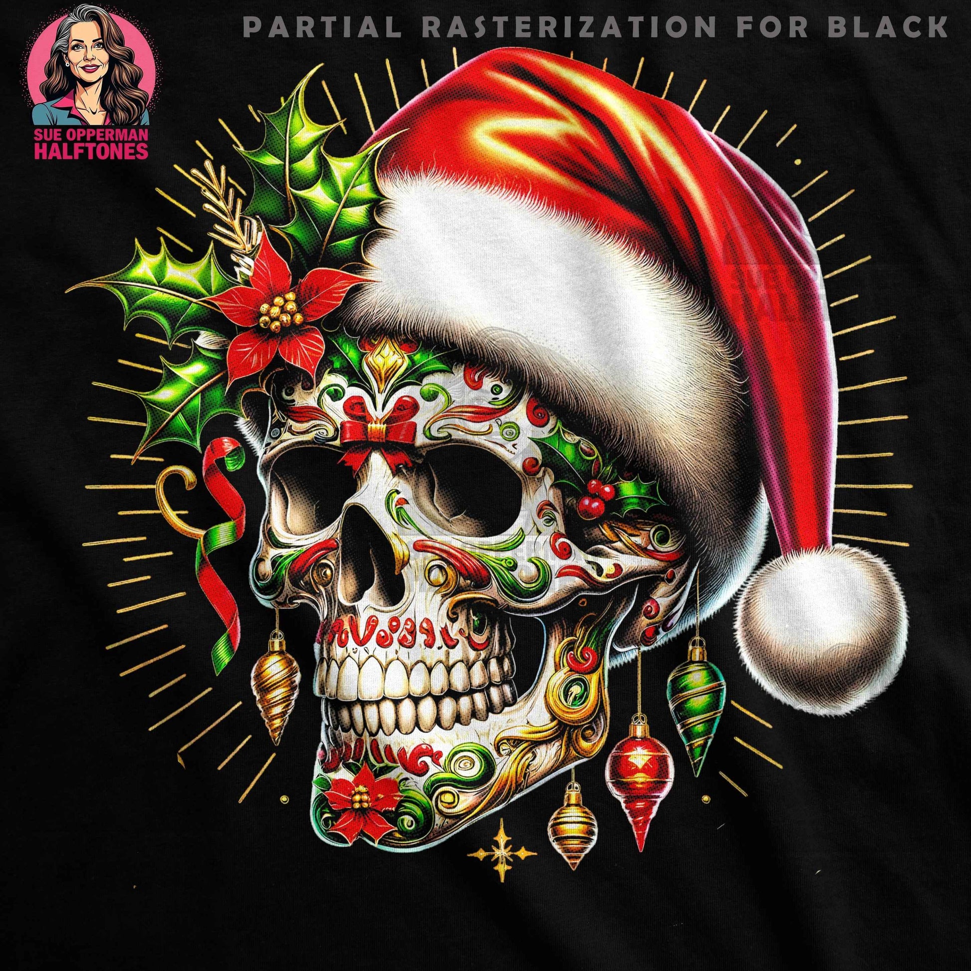Christmas Sugar Skull with Santa Hat Halftone T-Shirt Designs - halftone PNG for T-shirts – Sue Opperman Halftones