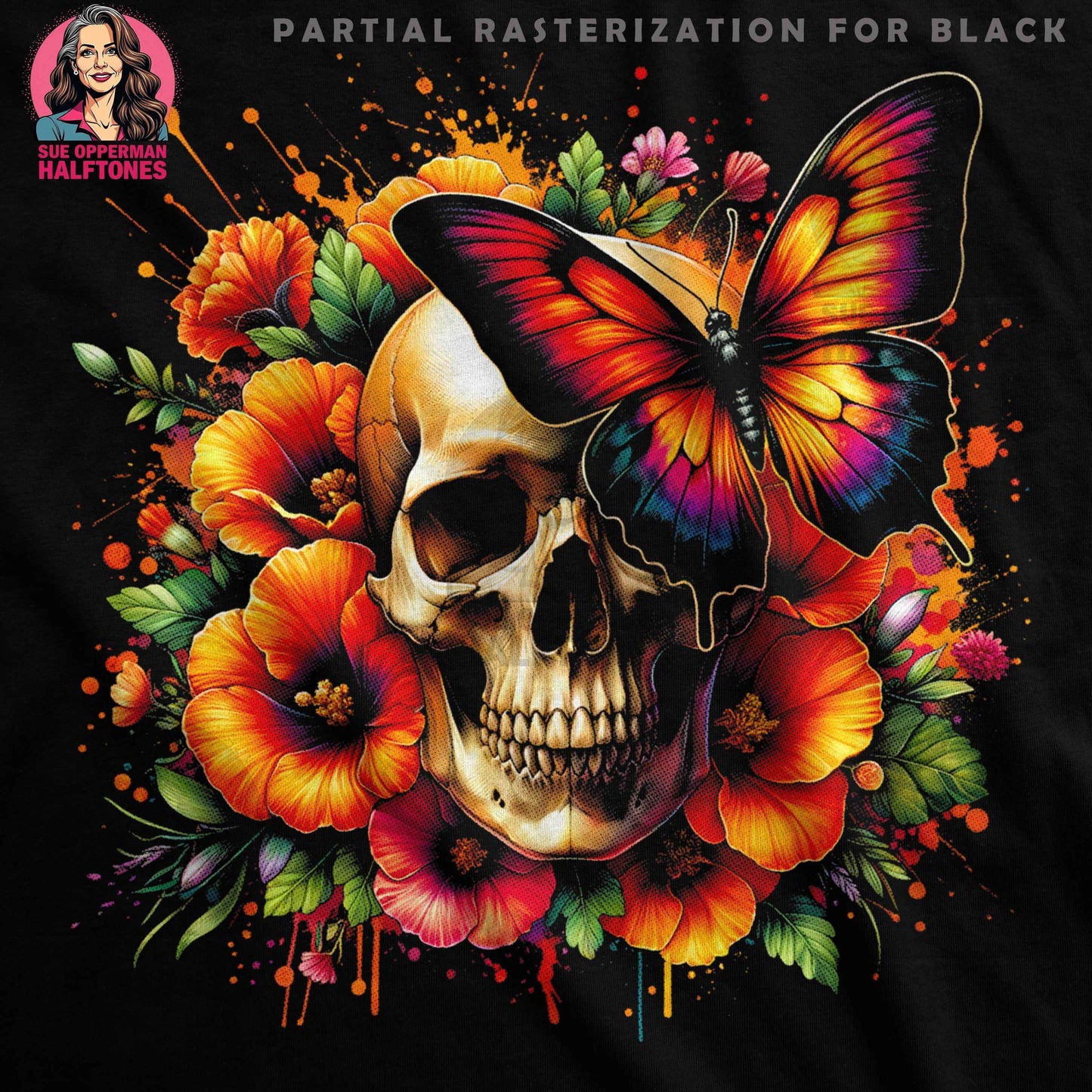 Skull Flowers Butterfly Halftone T-Shirt Design - halftone PNG for T-shirts – Sue Opperman Halftones