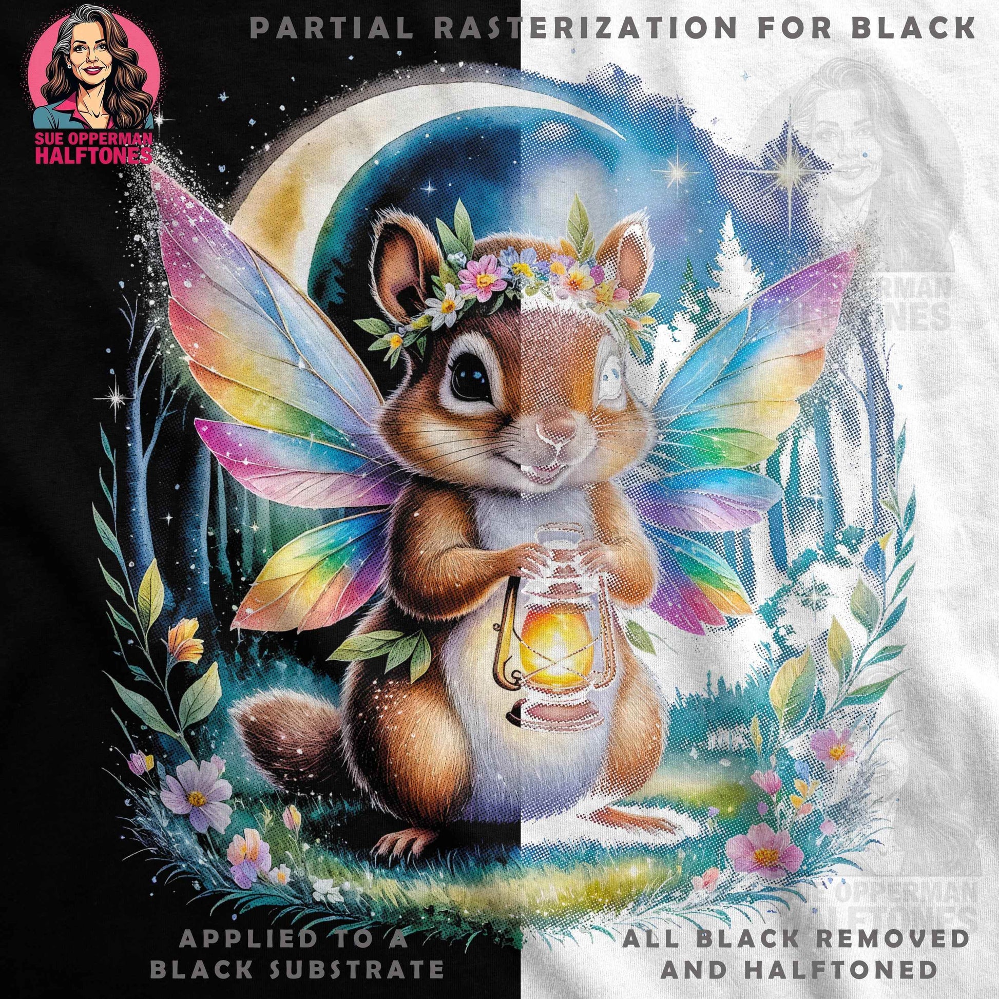 Whimsical Fairy Squirrel With Wings Halftoned T-Shirt Design - halftone PNG for T-shirts – Sue Opperman Halftones