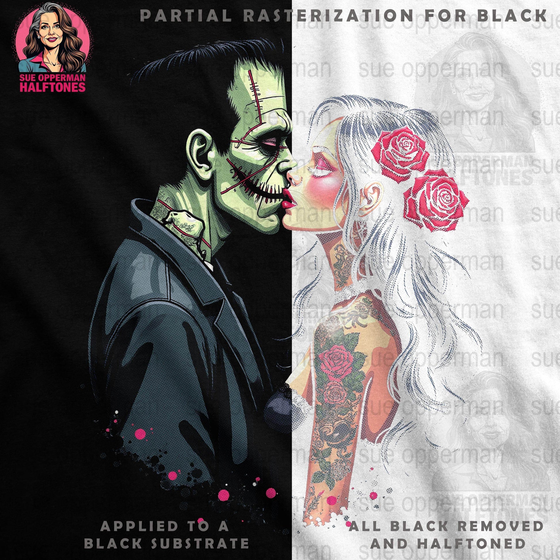 Halloween Frankenstein Kiss Universal Print Bundle Digital - halftone PNG for T-shirts – Sue Opperman Halftones