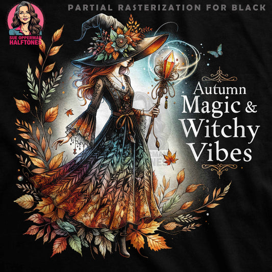 Autumn Magic Witch Digital Halftoned T-Shirt Design - halftone PNG for T-shirts – Sue Opperman Halftones