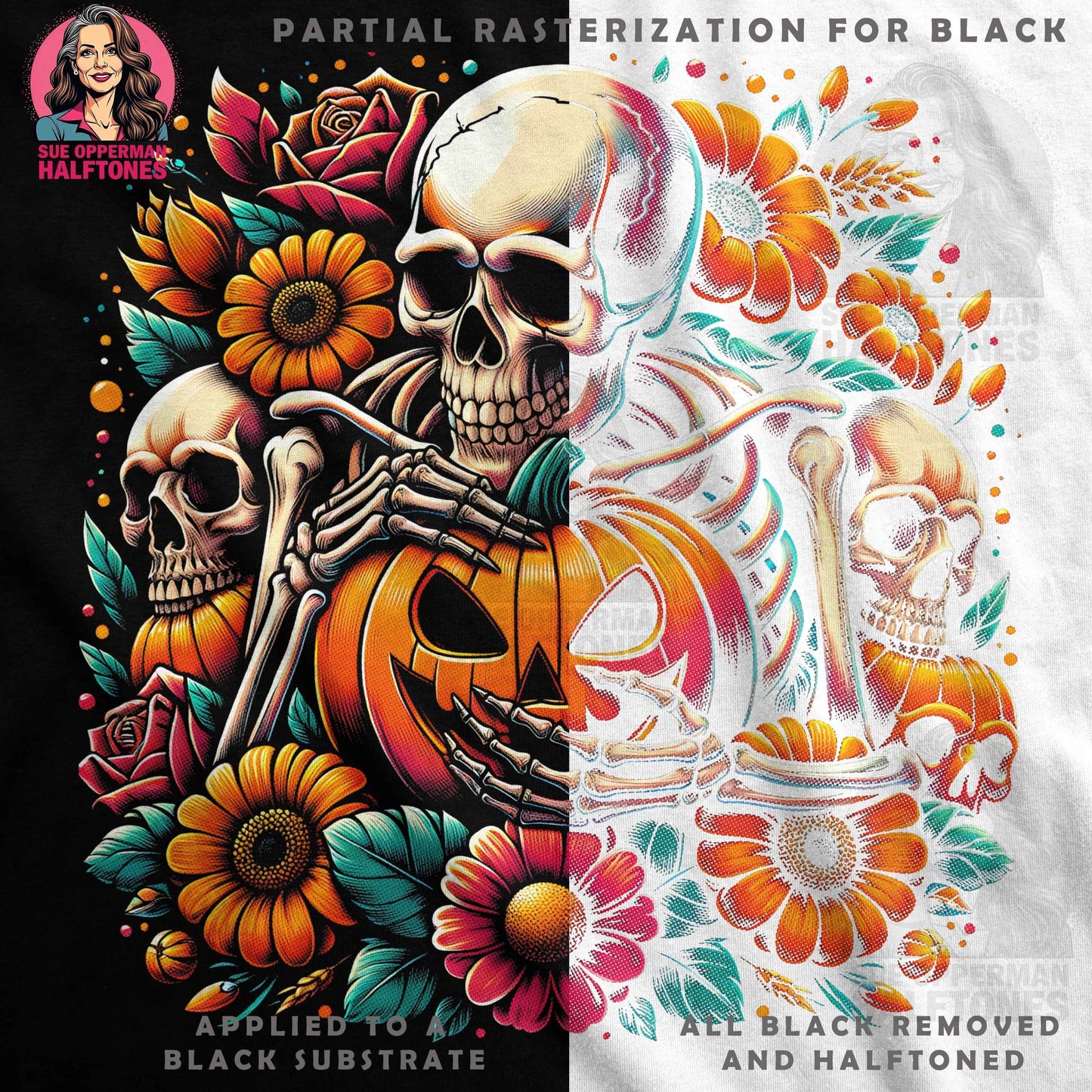 Halloween Skeleton Pumpkin Halftone T-Shirt Design Digital - halftone PNG for T-shirts – Sue Opperman Halftones