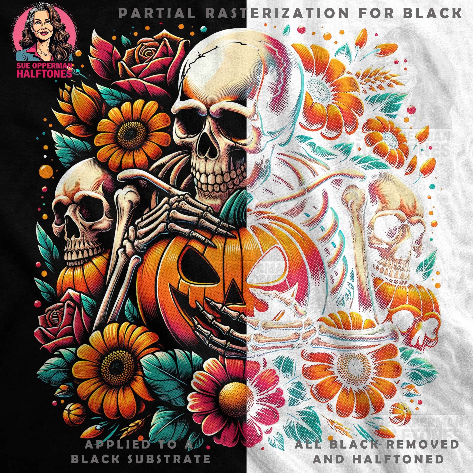 Halloween Skeleton Pumpkin Halftone T-Shirt Design Digital - halftone PNG for T-shirts – Sue Opperman Halftones