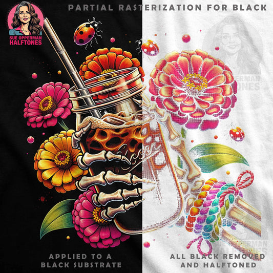 Whimsical Floral Drink With Skeleton Hand Halftoned T-Shirt Design - halftone PNG for T-shirts – Sue Opperman Halftones