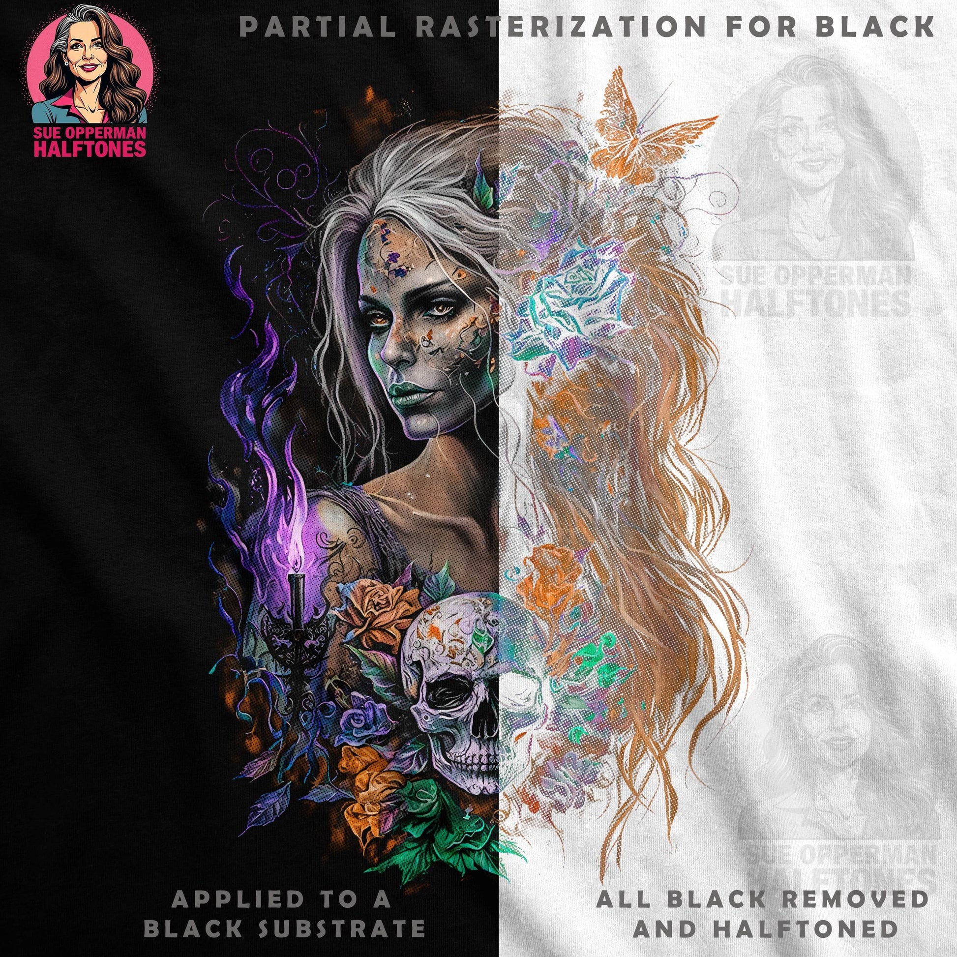 Skull Lady with Roses Halftone T-Shirt Design - halftone PNG for T-shirts – Sue Opperman Halftones