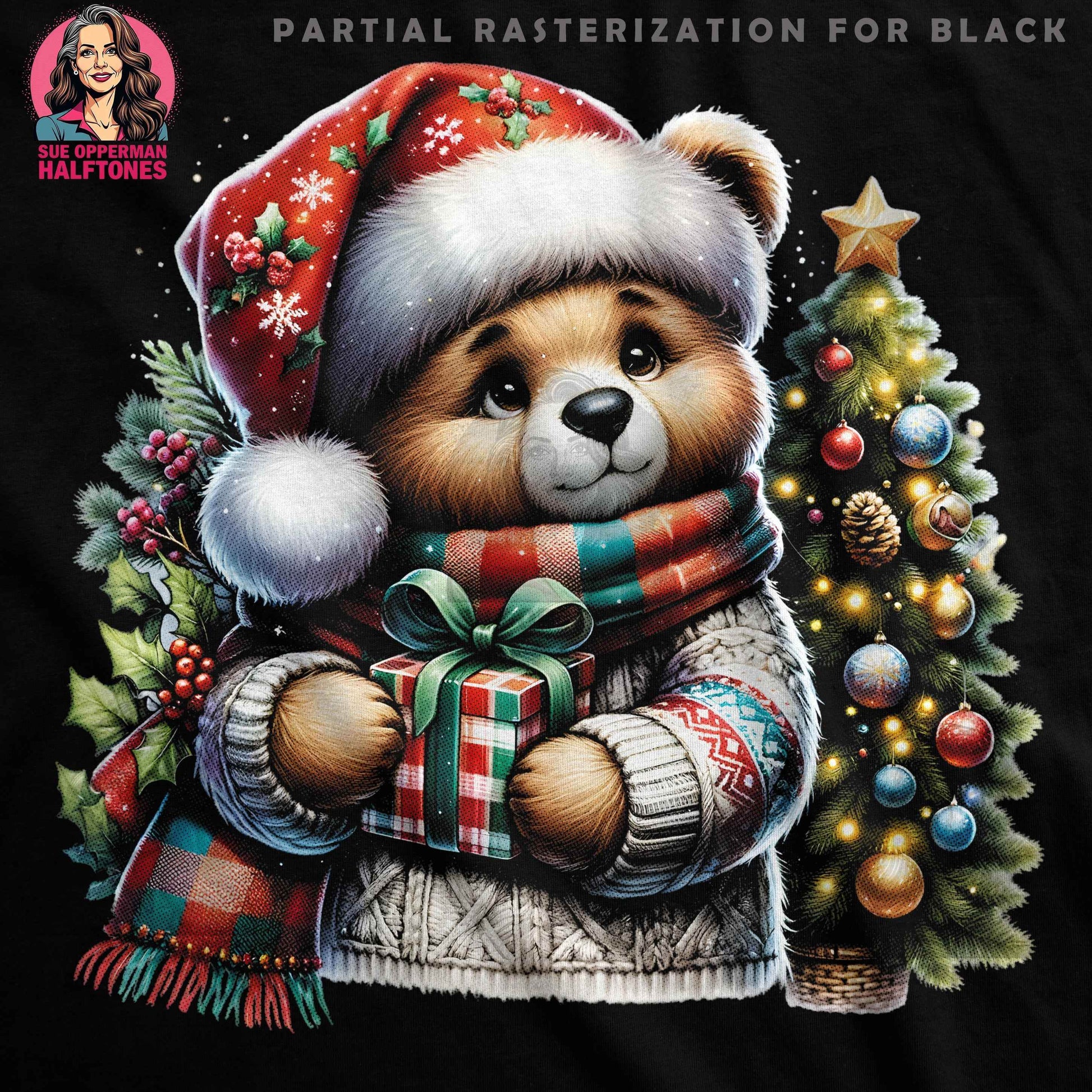 Cute Bear with Christmas Tree Halftoned T-Shirt Design - halftone PNG for T-shirts – Sue Opperman Halftones