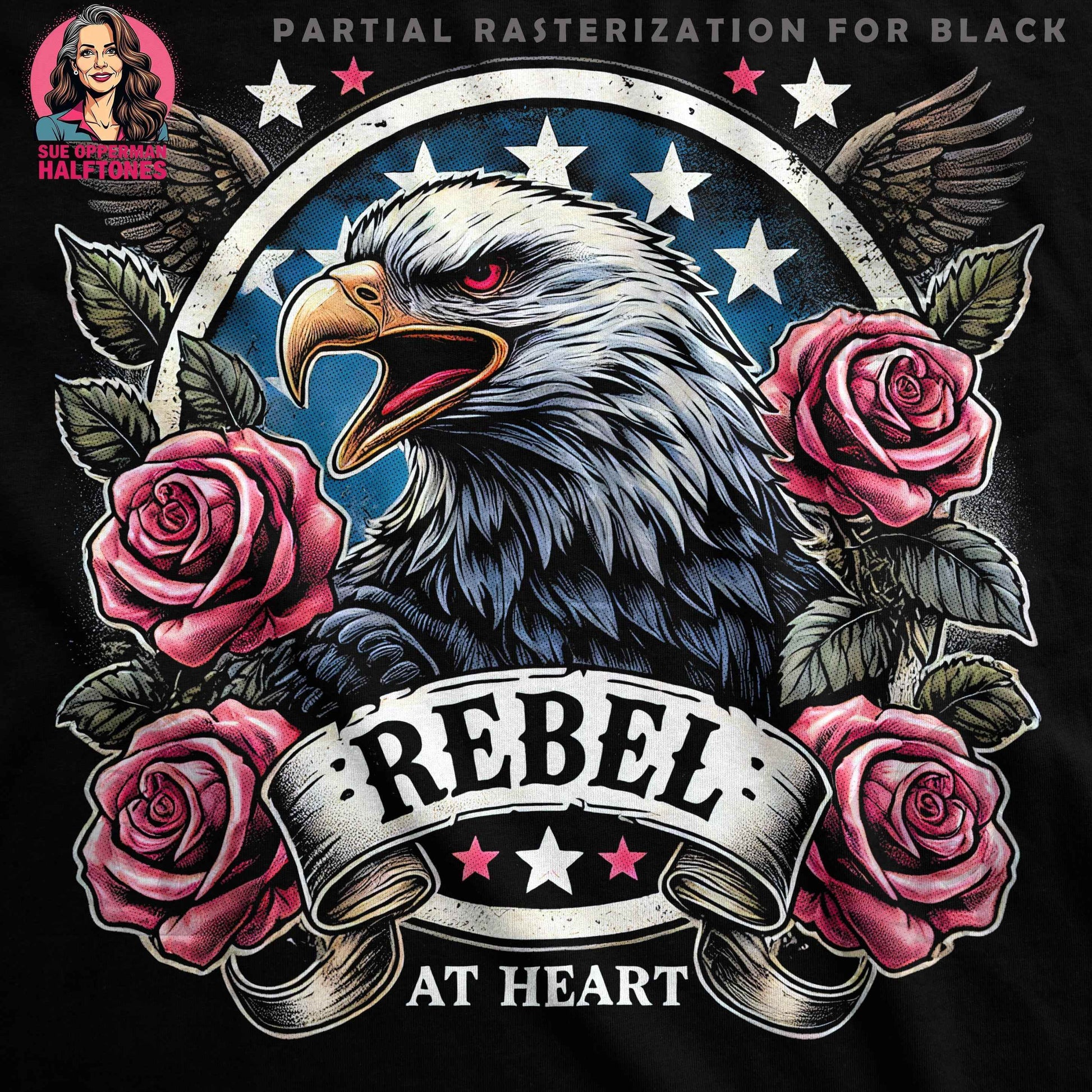 Patriotic Rebel Eagle With Roses Halftoned T-Shirt Design - halftone PNG for T-shirts – Sue Opperman Halftones