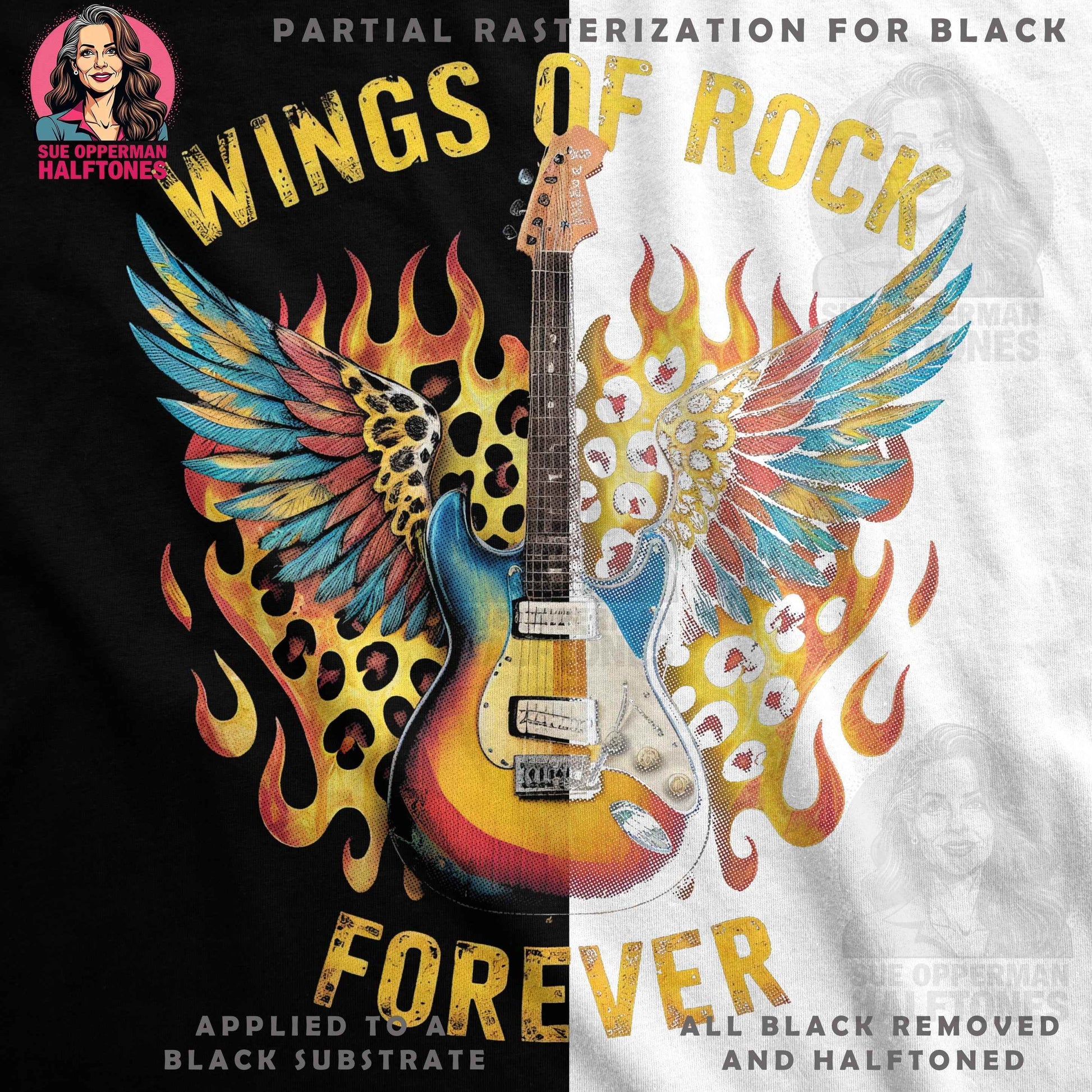 Rock Guitar Wings of Rock Forever Halftoned T-Shirt Design - halftone PNG for T-shirts – Sue Opperman Halftones