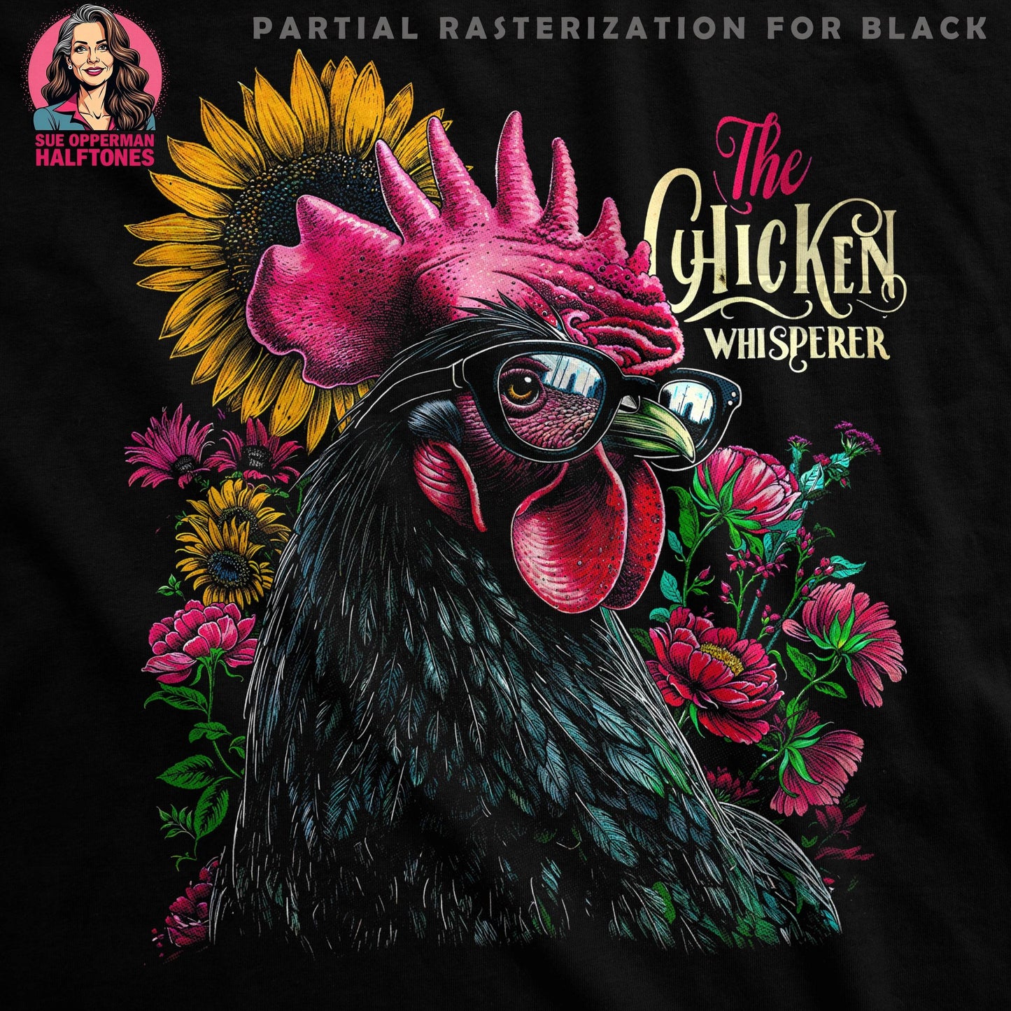 Chicken Whisperer Floral Halftone T-Shirt Design - halftone PNG for T-shirts – Sue Opperman Halftones