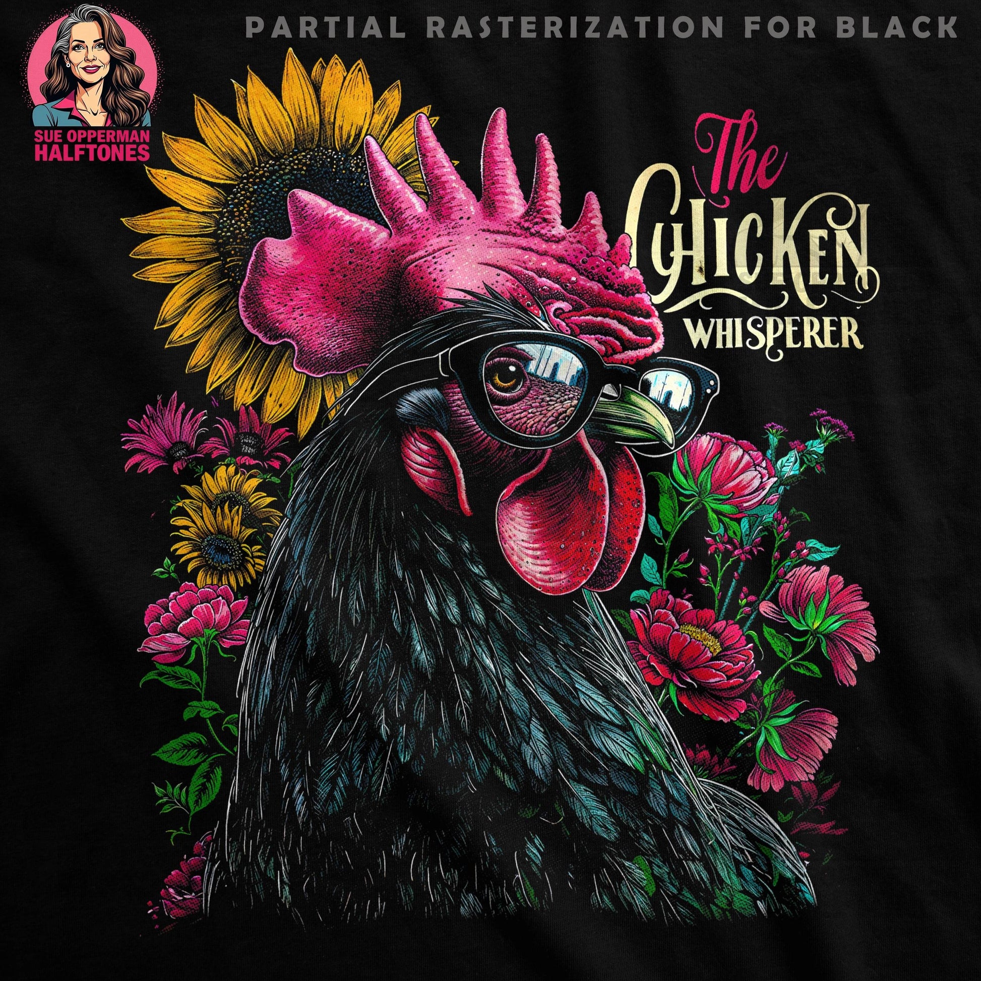 Chicken Whisperer Floral Halftone T-Shirt Design - halftone PNG for T-shirts – Sue Opperman Halftones
