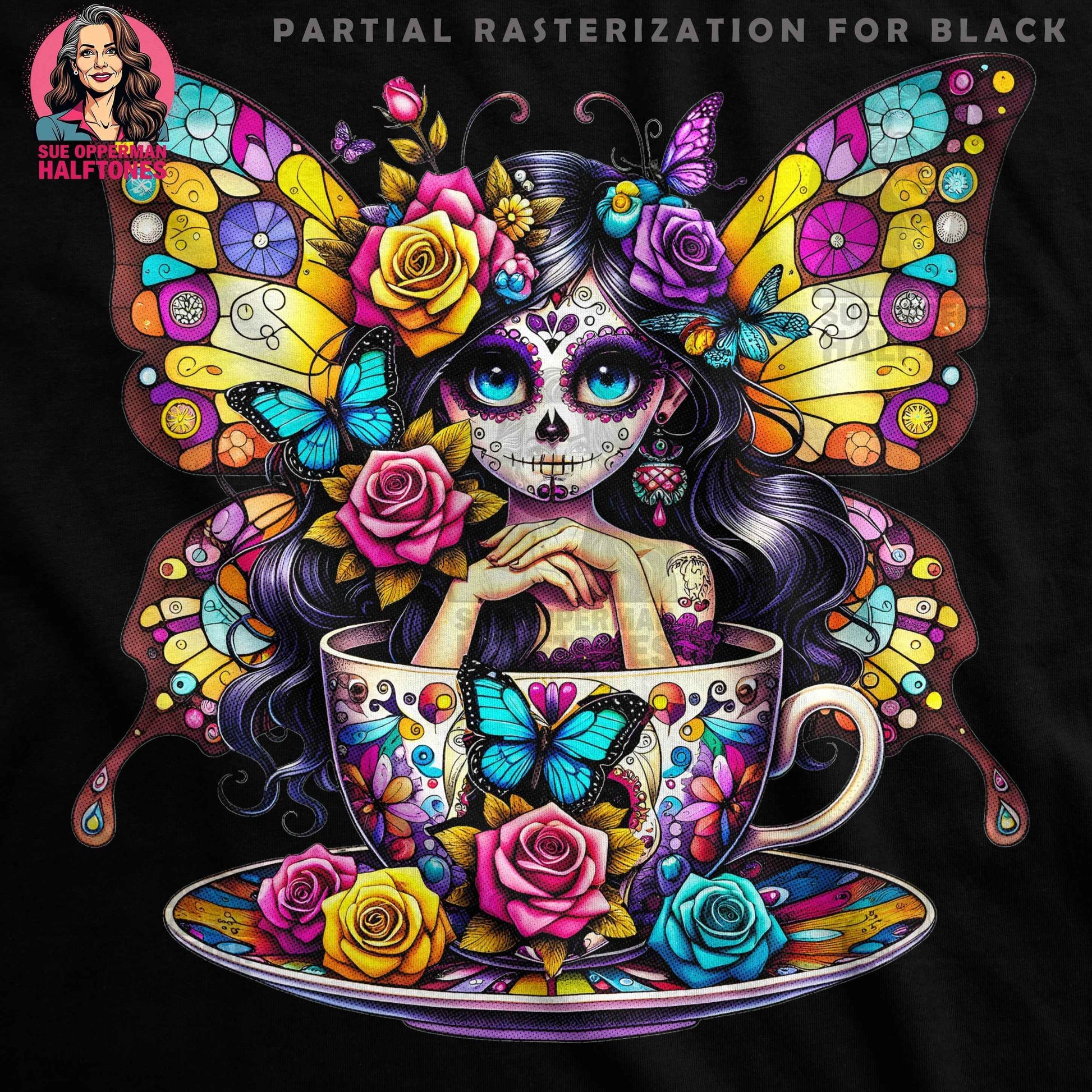 Day of the Dead Fairy in Teacup Digital Halftone T-Shirt Design - halftone PNG for T-shirts – Sue Opperman Halftones