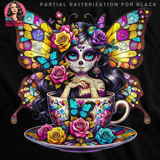 Day of the Dead Fairy in Teacup Digital Halftone T-Shirt Design - halftone PNG for T-shirts – Sue Opperman Halftones