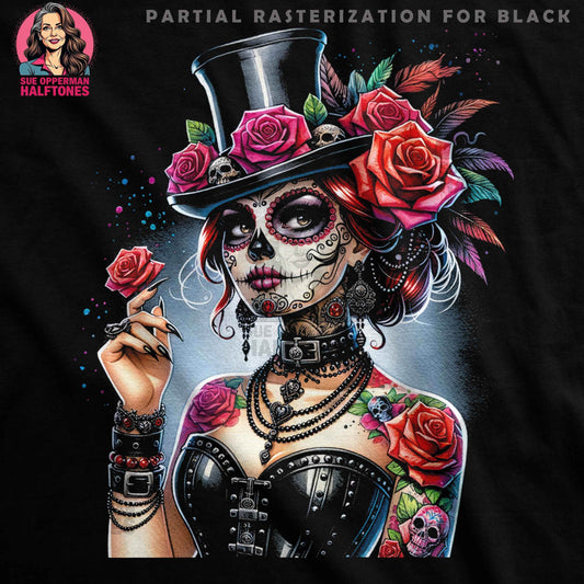 Sugar Skull Lady Roses Flowers Digital halftoned T-Shirt Design - halftone PNG for T-shirts – Sue Opperman Halftones