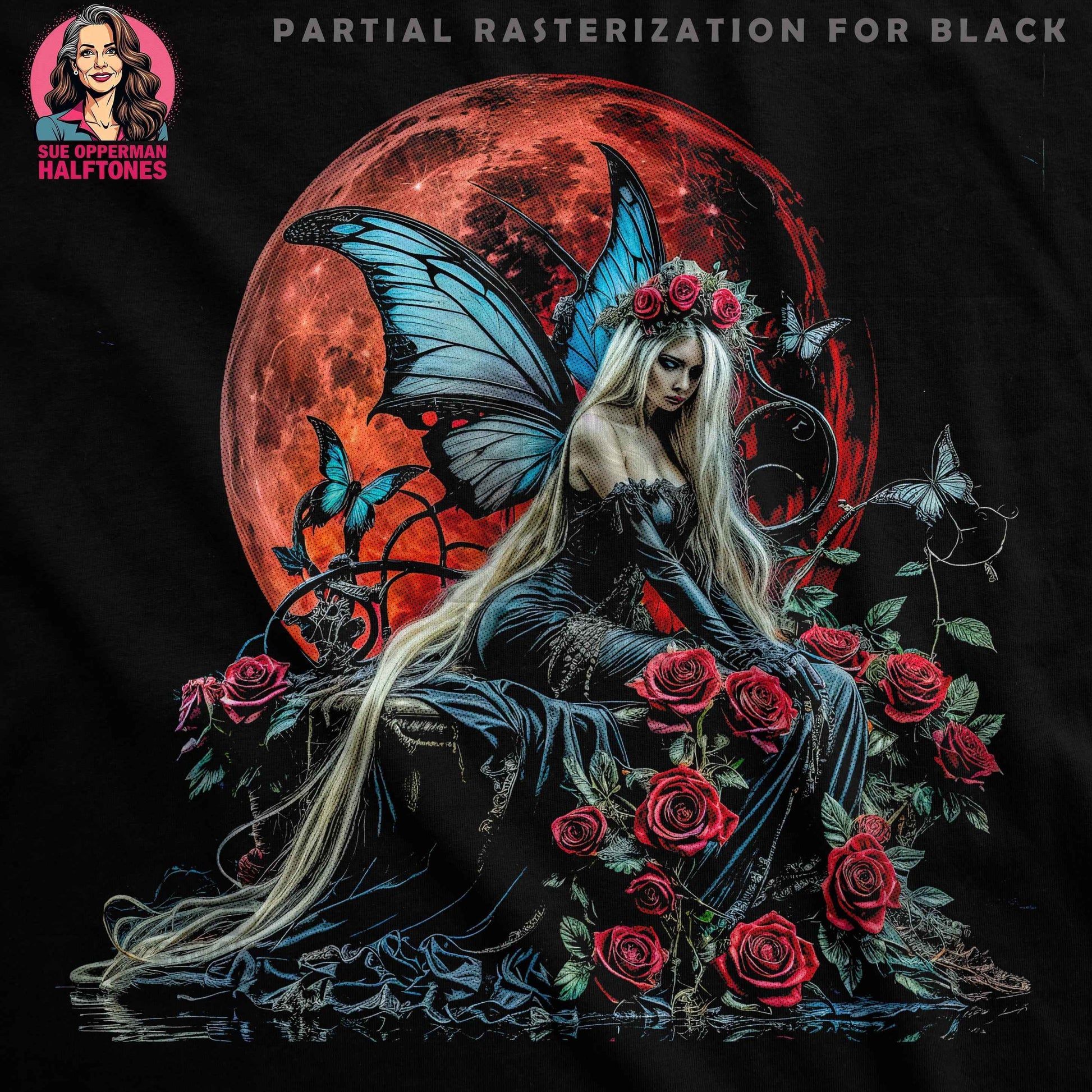 Fantasy Fairy Moon Roses Halftoned T-Shirt Design - halftone PNG for T-shirts – Sue Opperman Halftones