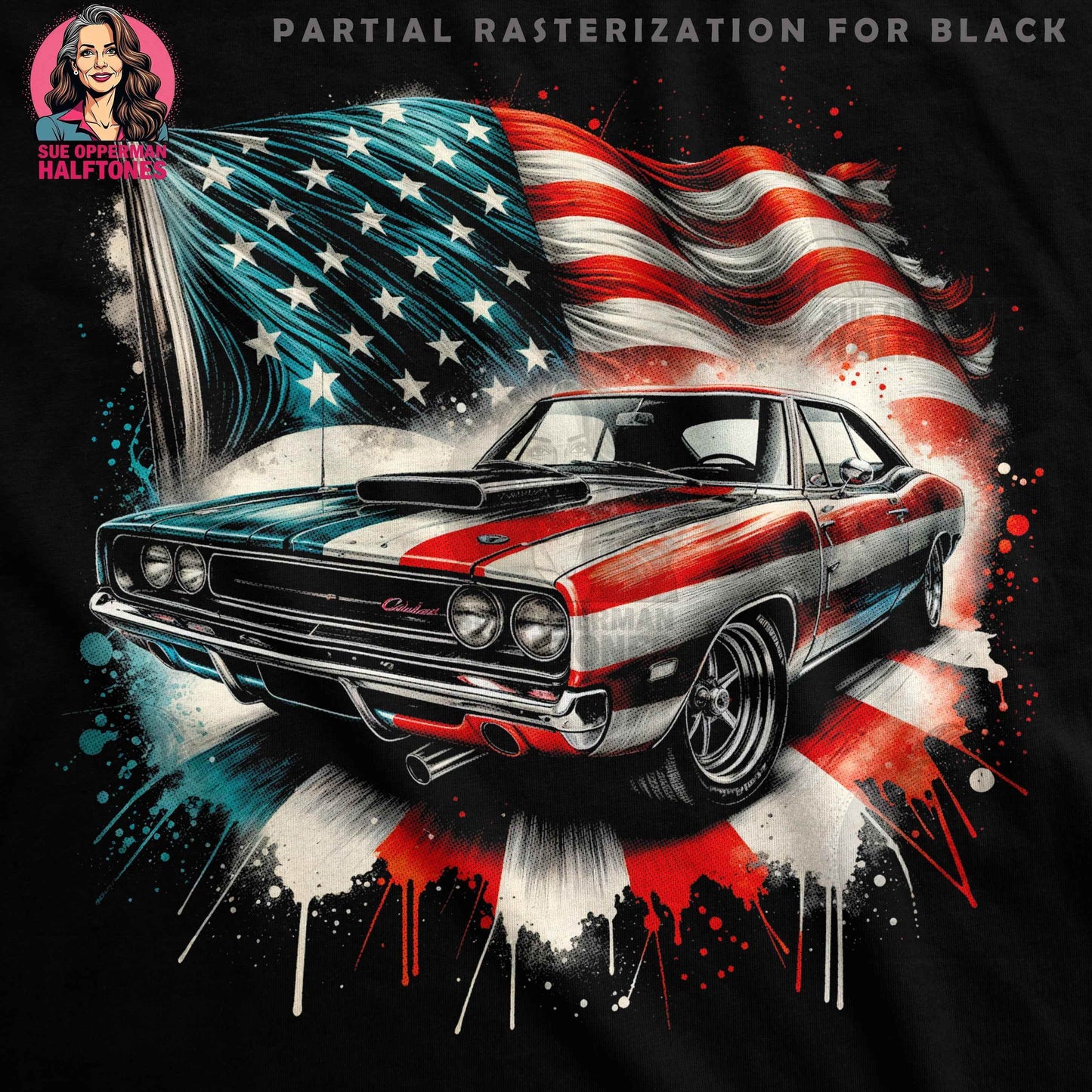 American Classic Car and Flag Halftone T-Shirt Design - halftone PNG for T-shirts – Sue Opperman Halftones