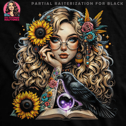 Boho Portrait with Raven Halftone T-Shirt Design - halftone PNG for T-shirts – Sue Opperman Halftones