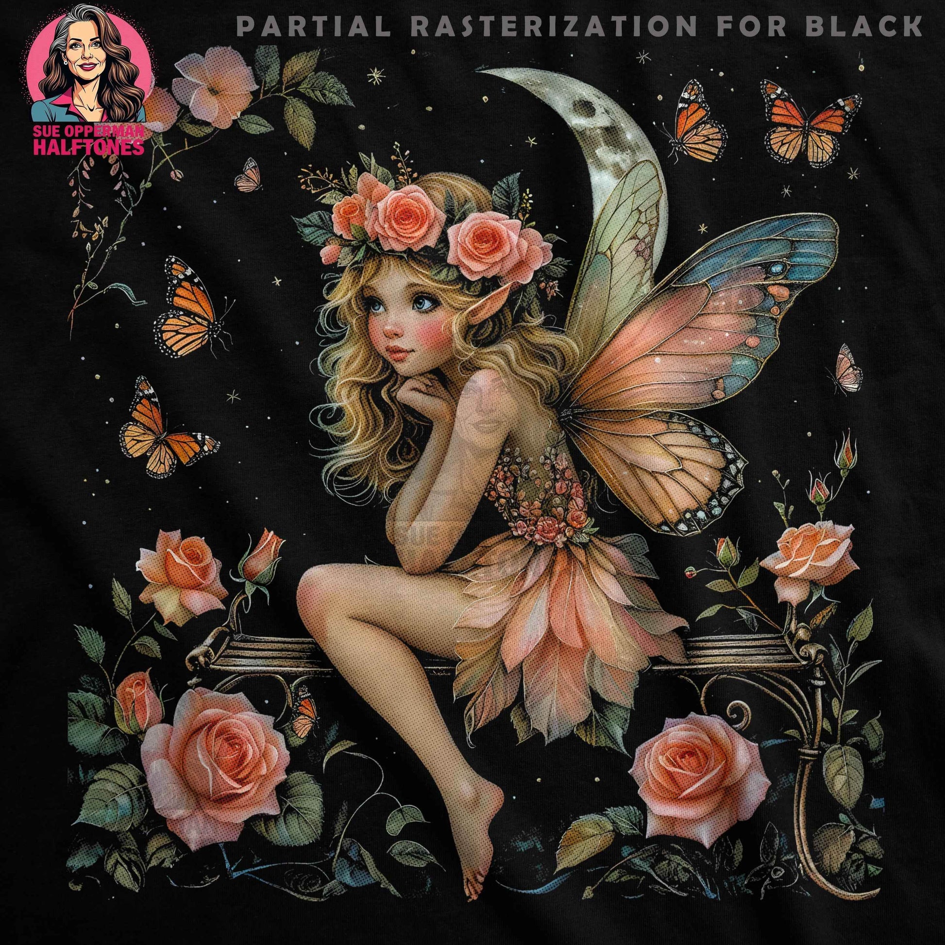 Fairy Roses with Butterfly Halftoned T-Shirt Design - halftone PNG for T-shirts – Sue Opperman Halftones