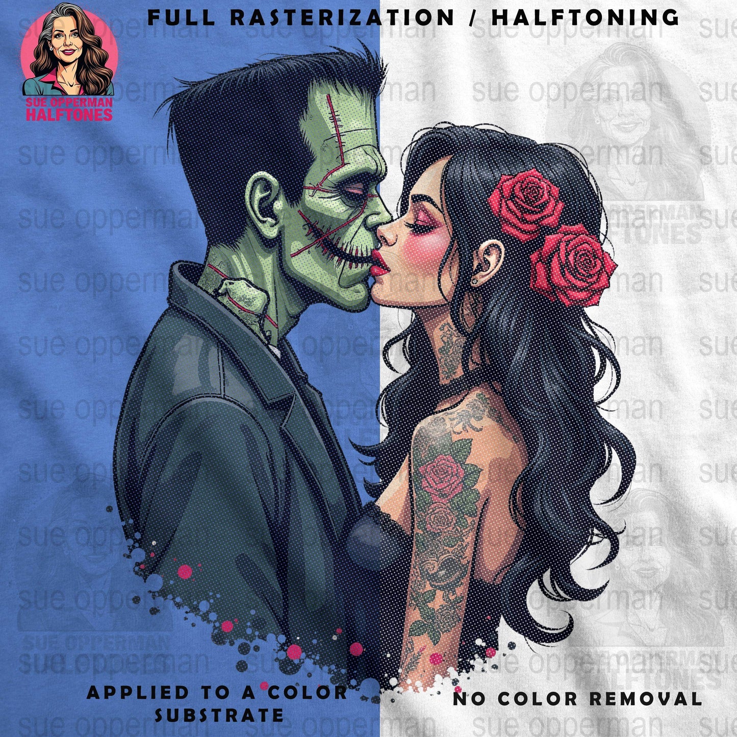 Halloween Frankenstein Kiss Universal Print Bundle Digital - halftone PNG for T-shirts – Sue Opperman Halftones