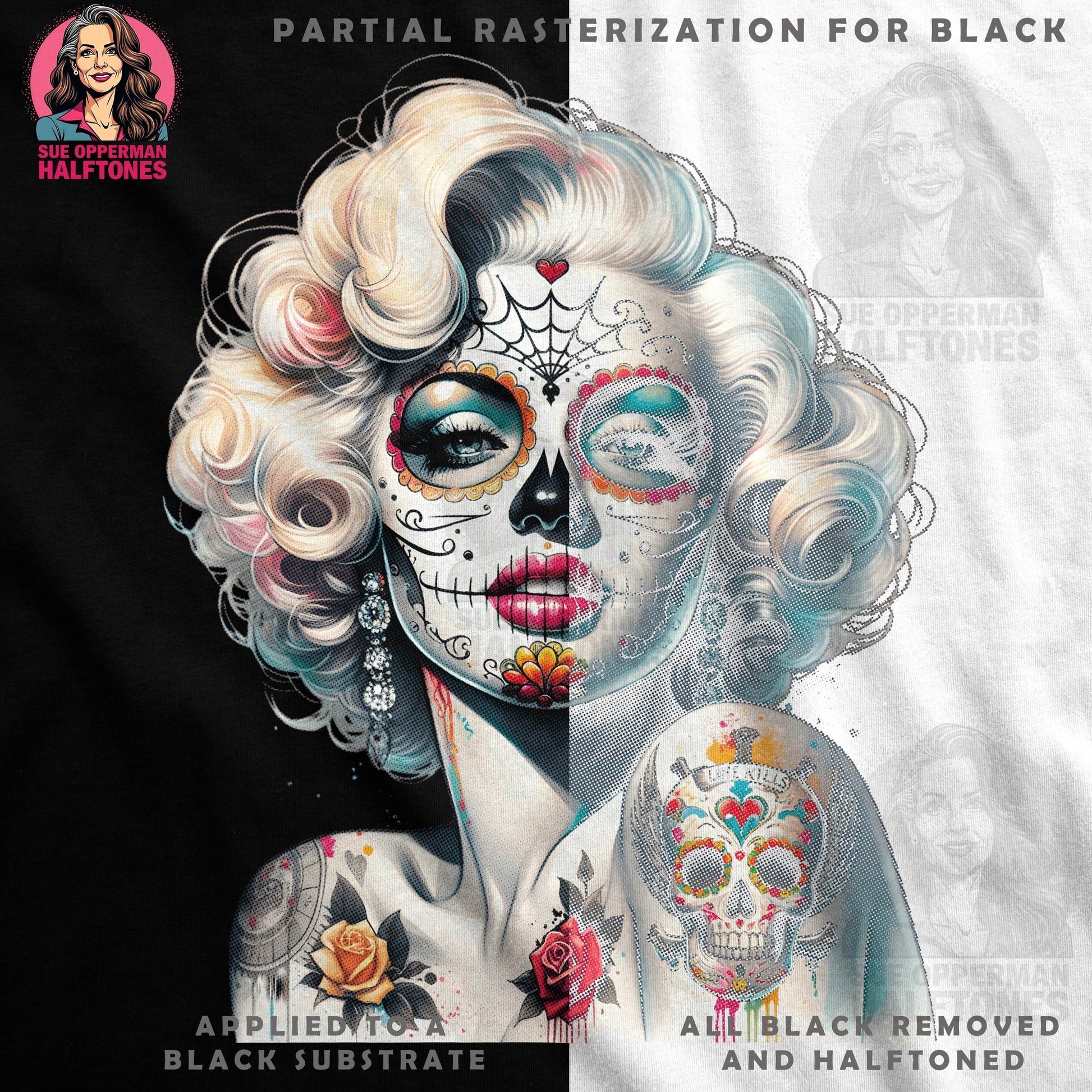 Skull Marilyn Monroe Sugar Skull Universal Print Bundle - halftone PNG for T-shirts – Sue Opperman Halftones