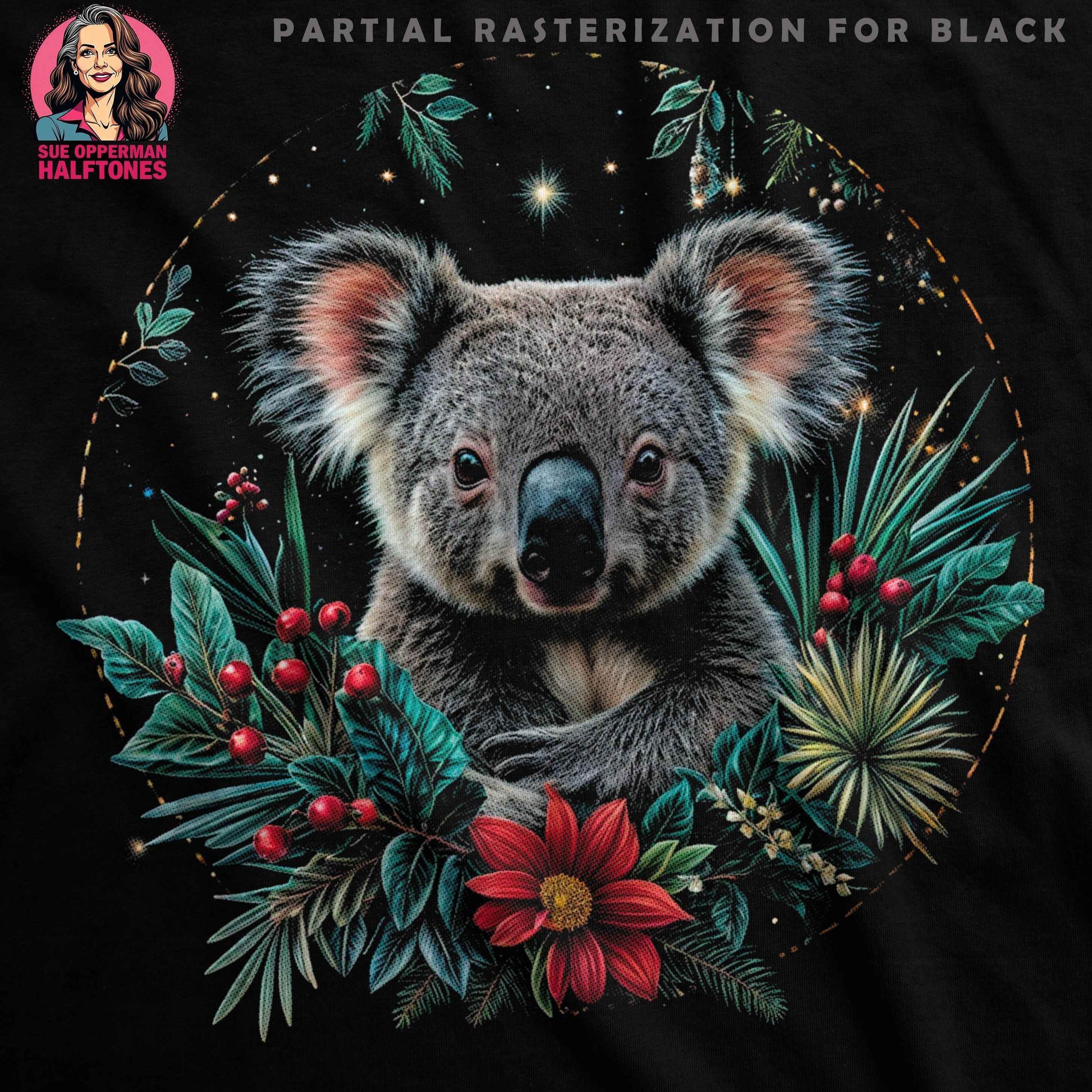 Christmas Koala with Floral Frame Halftone T-Shirt Design - halftone PNG for T-shirts – Sue Opperman Halftones