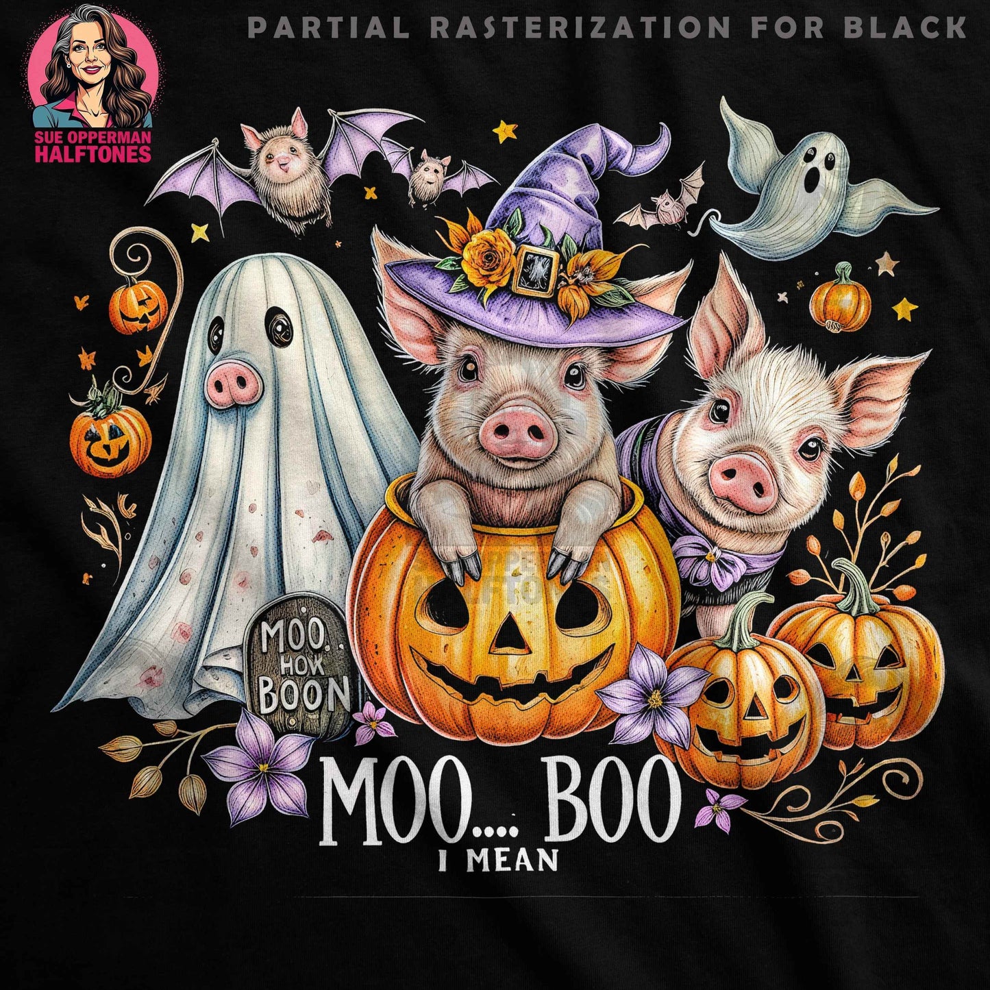 Halloween Cute Pigs Bats Digital Halftoned T-shirt Design - halftone PNG for T-shirts – Sue Opperman Halftones