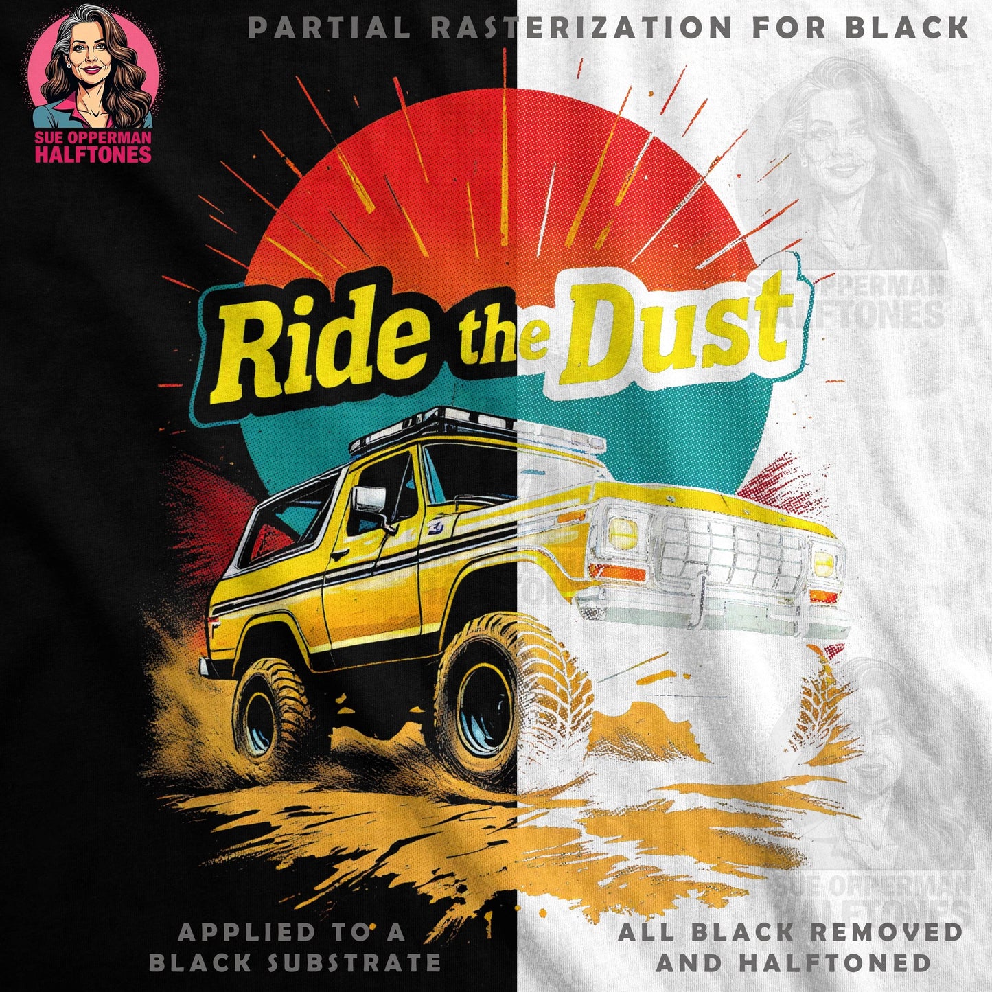 Ride the Dust Vehicle Themed Halftoned T-Shirt Design - halftone PNG for T-shirts – Sue Opperman Halftones