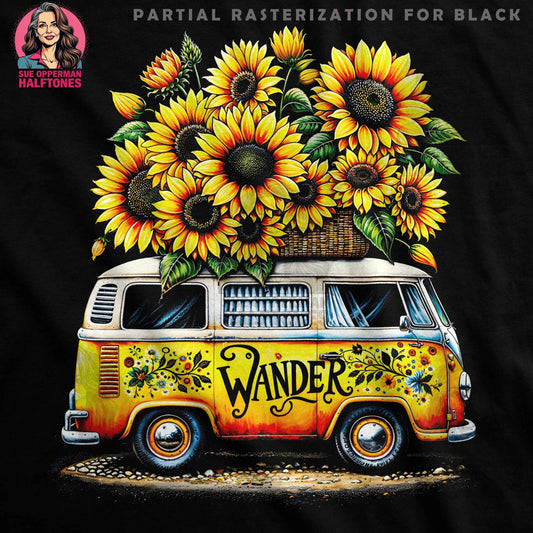 Van with Sunflowers Halftone T-Shirt Designs - halftone PNG for T-shirts – Sue Opperman Halftones