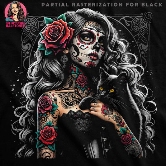 Sugar Skull Cat Woman Halftone Digital halftoned T-Shirt Design - halftone PNG for T-shirts – Sue Opperman Halftones