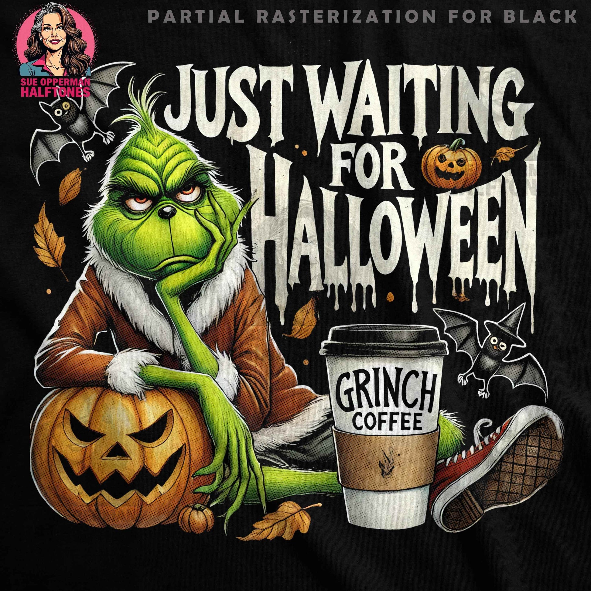 Halloween Grinch Waiting Funny Halftoned T-shirt Design - halftone PNG for T-shirts – Sue Opperman Halftones