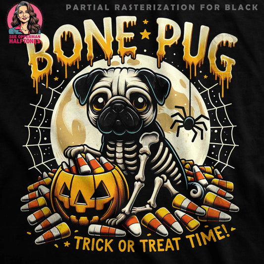 Halloween Bone Pug Trick Or Treat Time Halftoned T-Shirt Design - halftone PNG for T-shirts – Sue Opperman Halftones