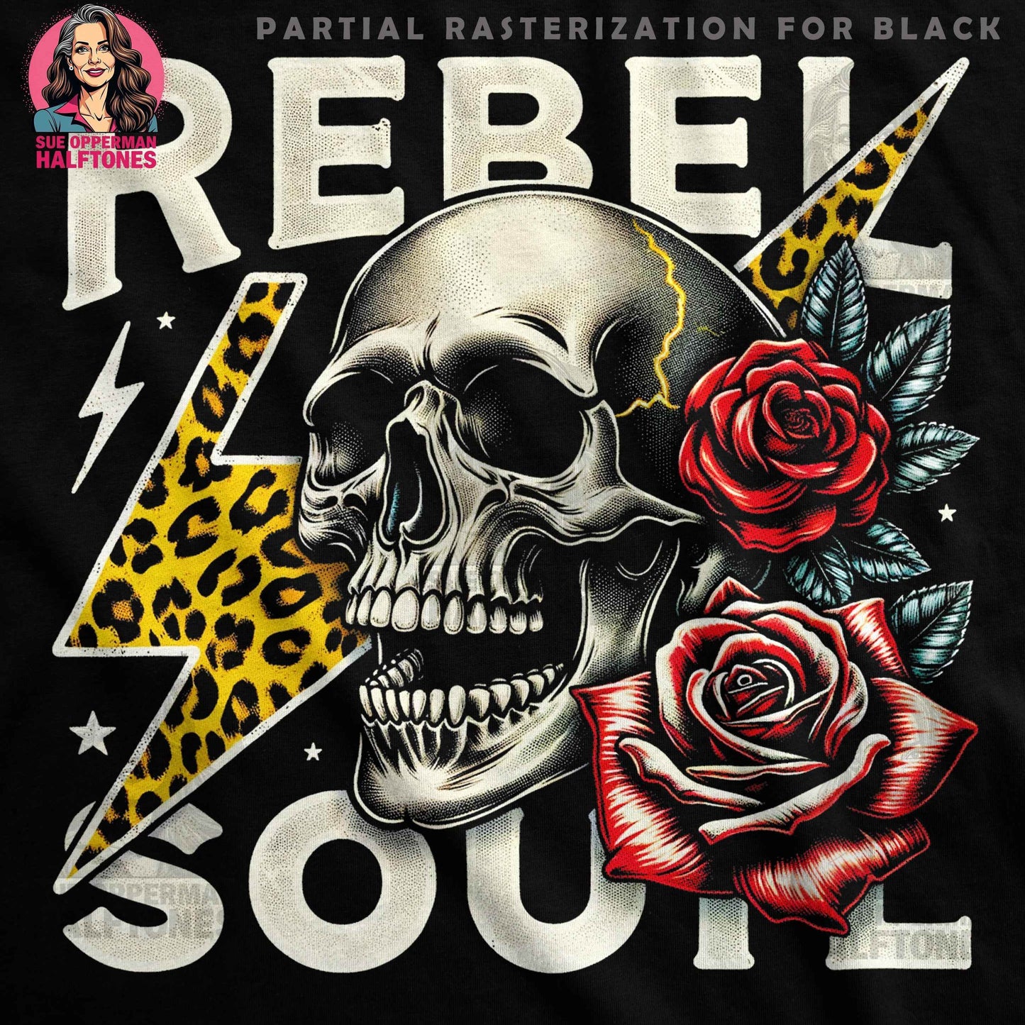 Rebel Soul Skull Roses Lightning Digital Halftone T-Shirt Design - halftone PNG for T-shirts – Sue Opperman Halftones