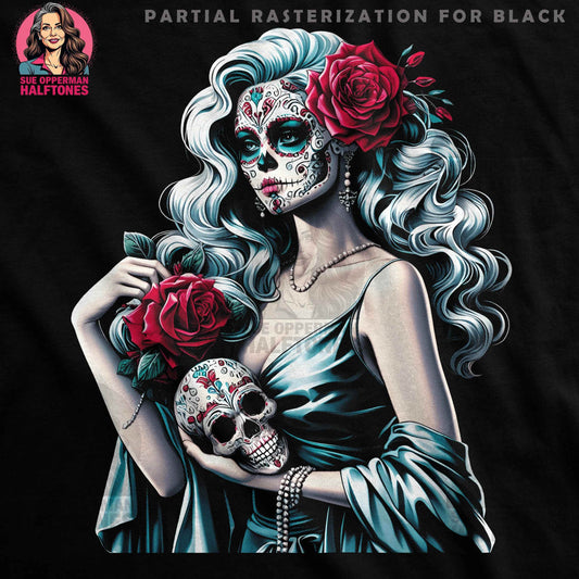 Floral Sugar Skull With Roses Halftoned T-Shirt Design - halftone PNG for T-shirts – Sue Opperman Halftones