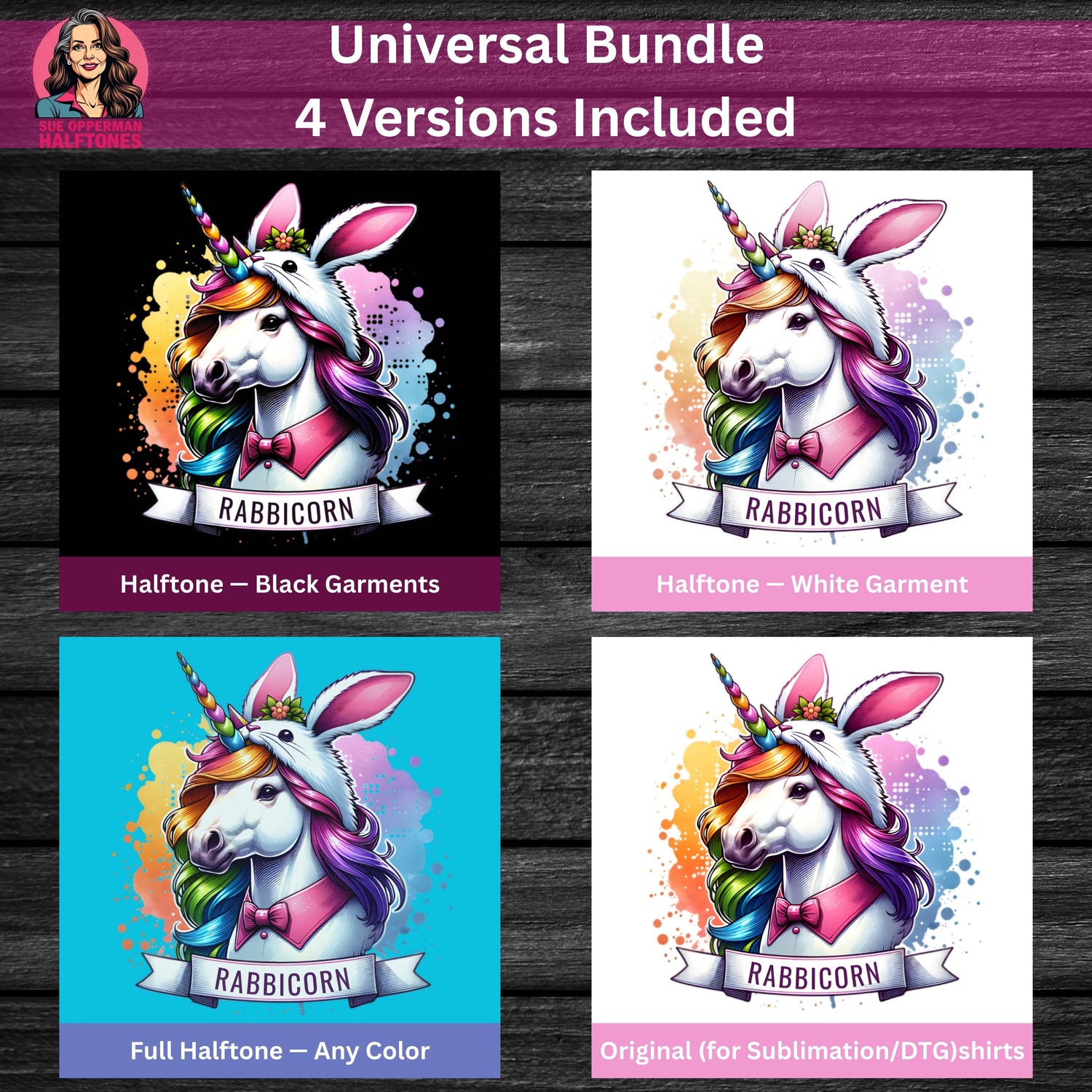 Rabbicorn Animal Creature in Funny Style Universal Print Bundle - halftone PNG for T-shirts – Sue Opperman Halftones