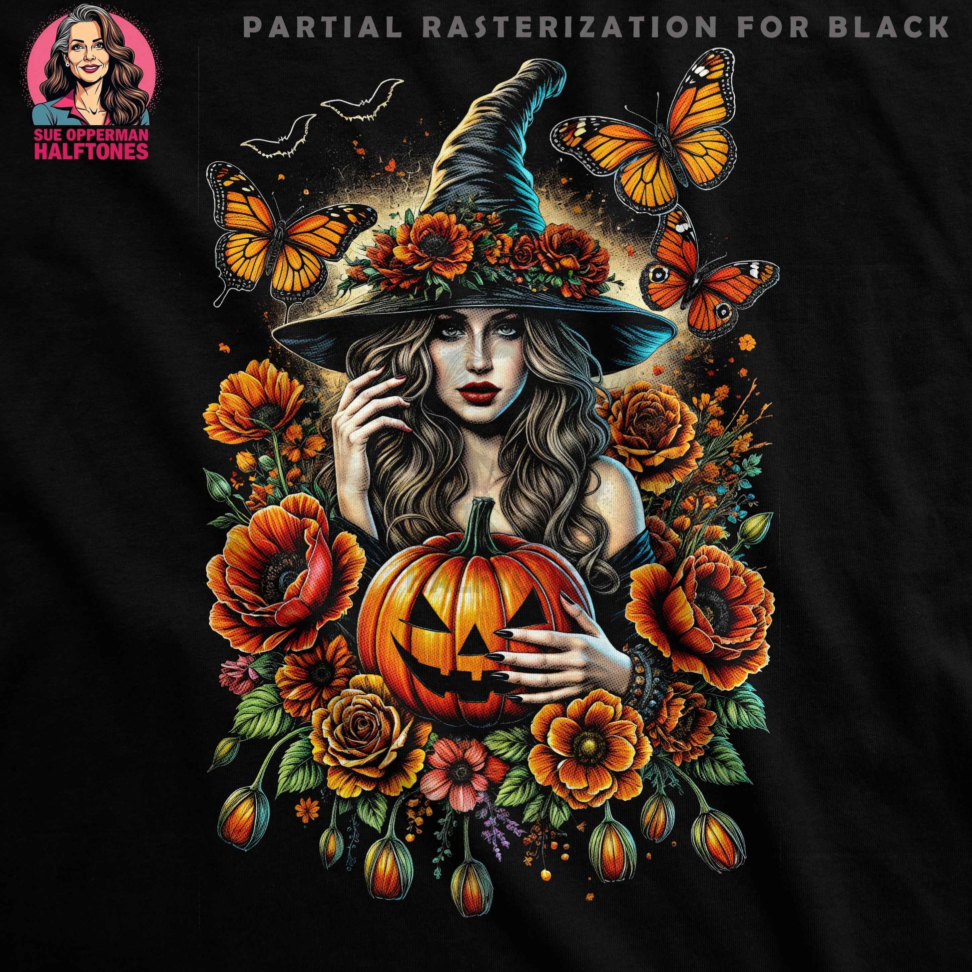 Autumn Witch with Pumpkin Halftone T-Shirt Design Digital - halftone PNG for T-shirts – Sue Opperman Halftones