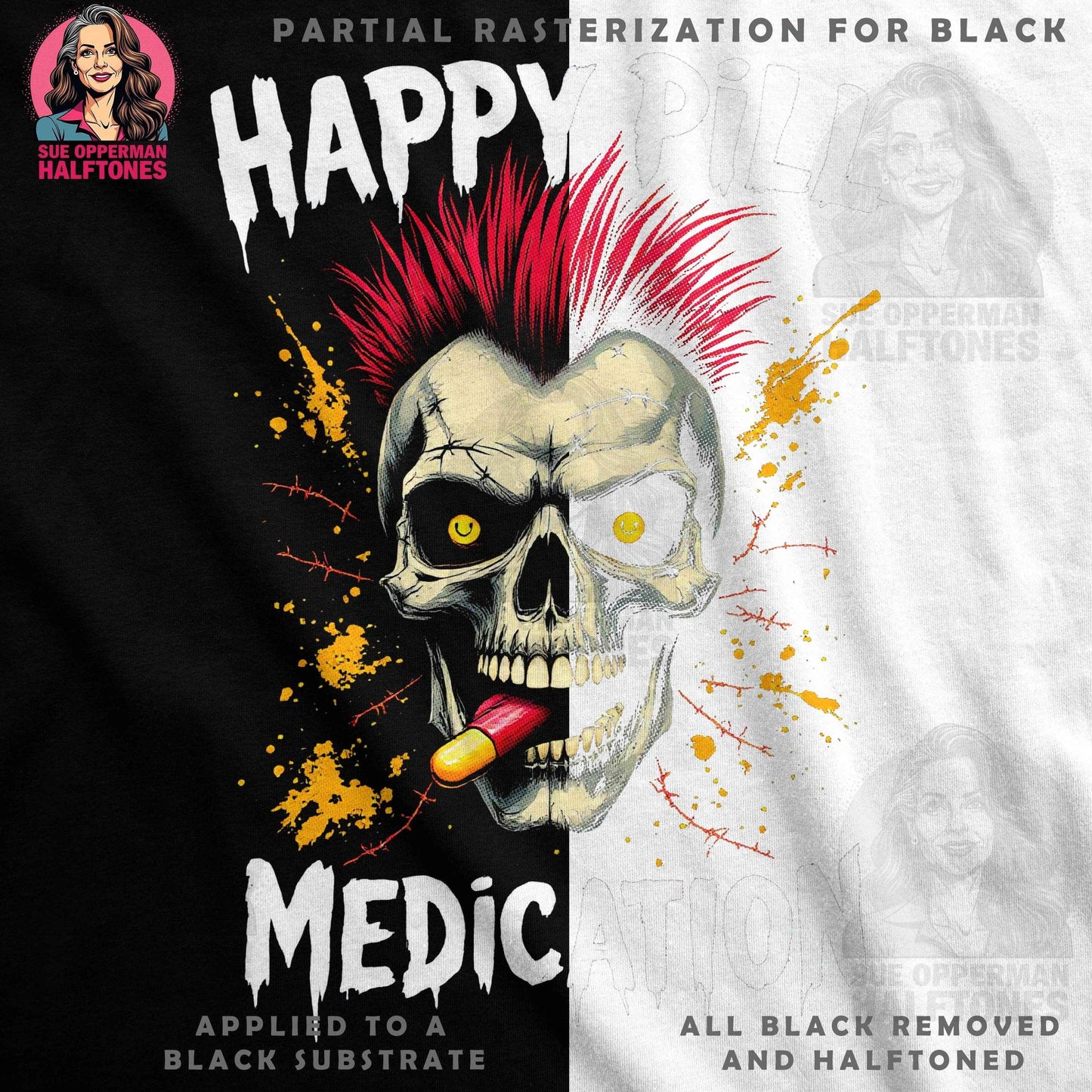 Happy Pill Skull Medication Halftone T-Shirt Design - halftone PNG for T-shirts – Sue Opperman Halftones