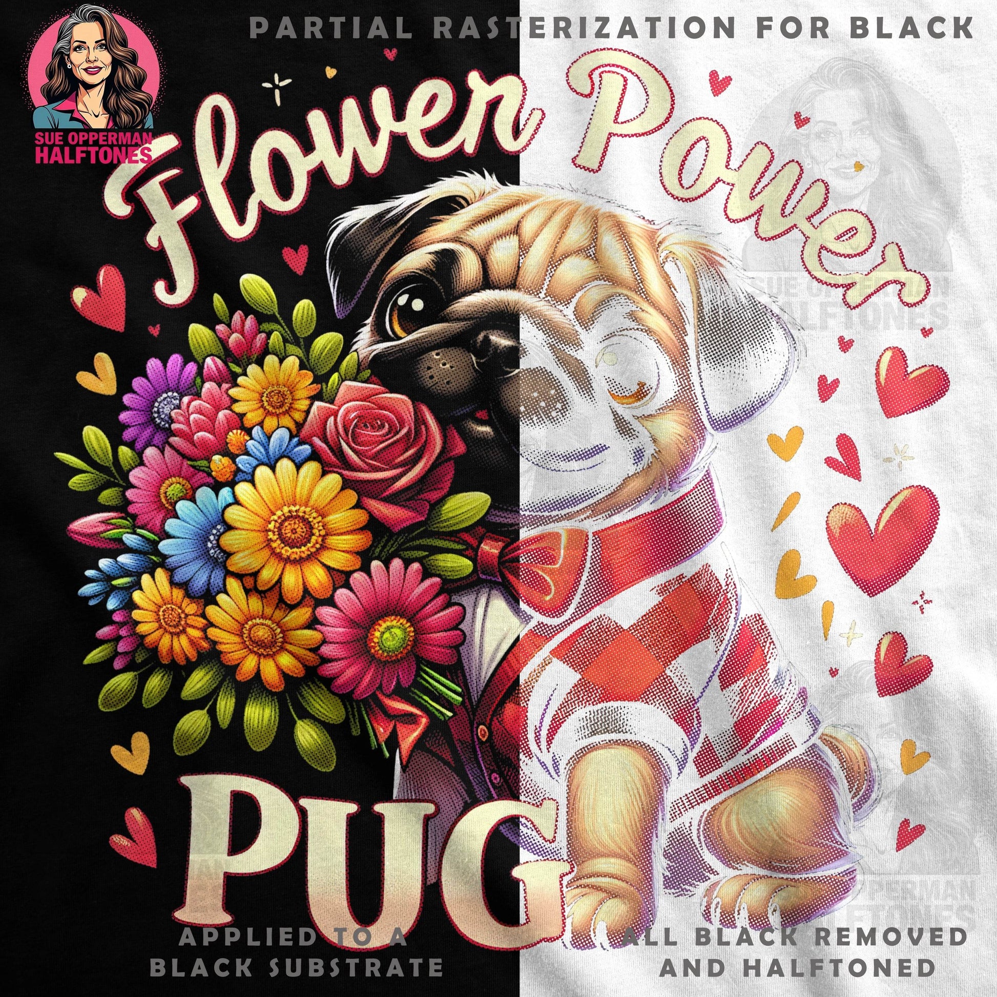 Flower Power Pug Halftone T-Shirt Design - halftone PNG for T-shirts – Sue Opperman Halftones
