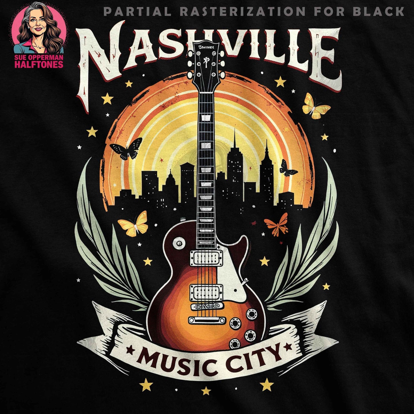 Nashville City Skyline Electric Guitar Halftoned T-Shirt Design - halftone PNG for T-shirts – Sue Opperman Halftones