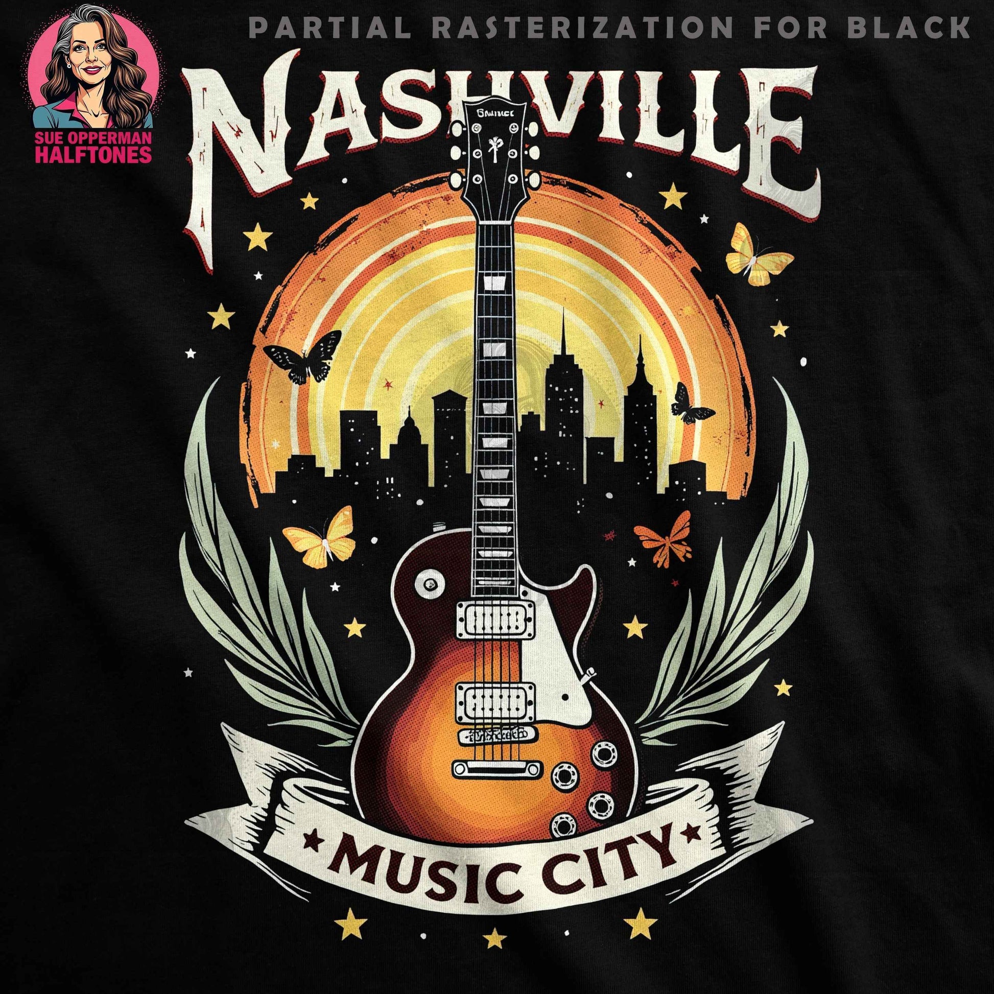 Nashville City Skyline Electric Guitar Halftoned T-Shirt Design - halftone PNG for T-shirts – Sue Opperman Halftones