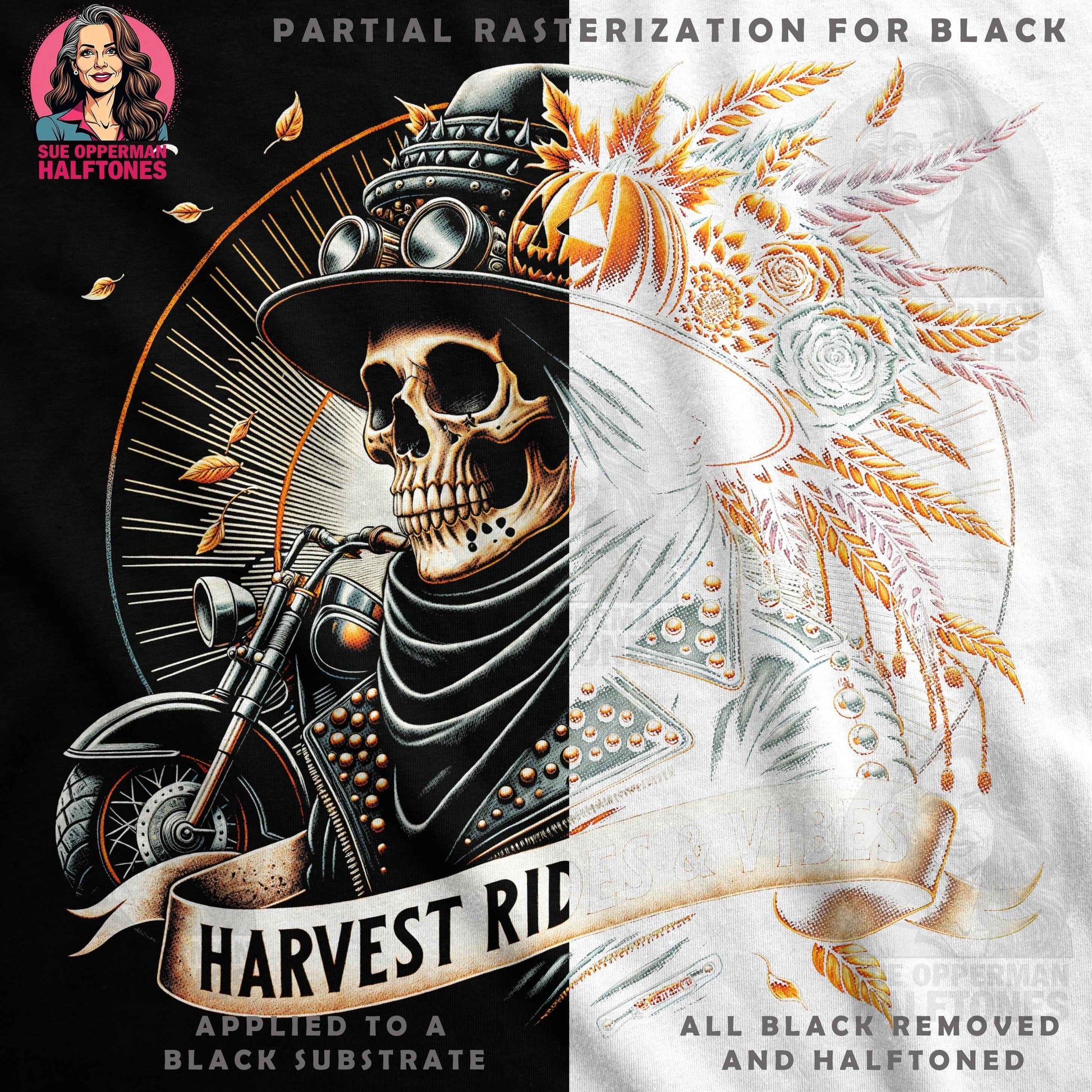 Halloween Skull Biker with Pumpkin Digital Halftoned T-Shirt Design - halftone PNG for T-shirts – Sue Opperman Halftones