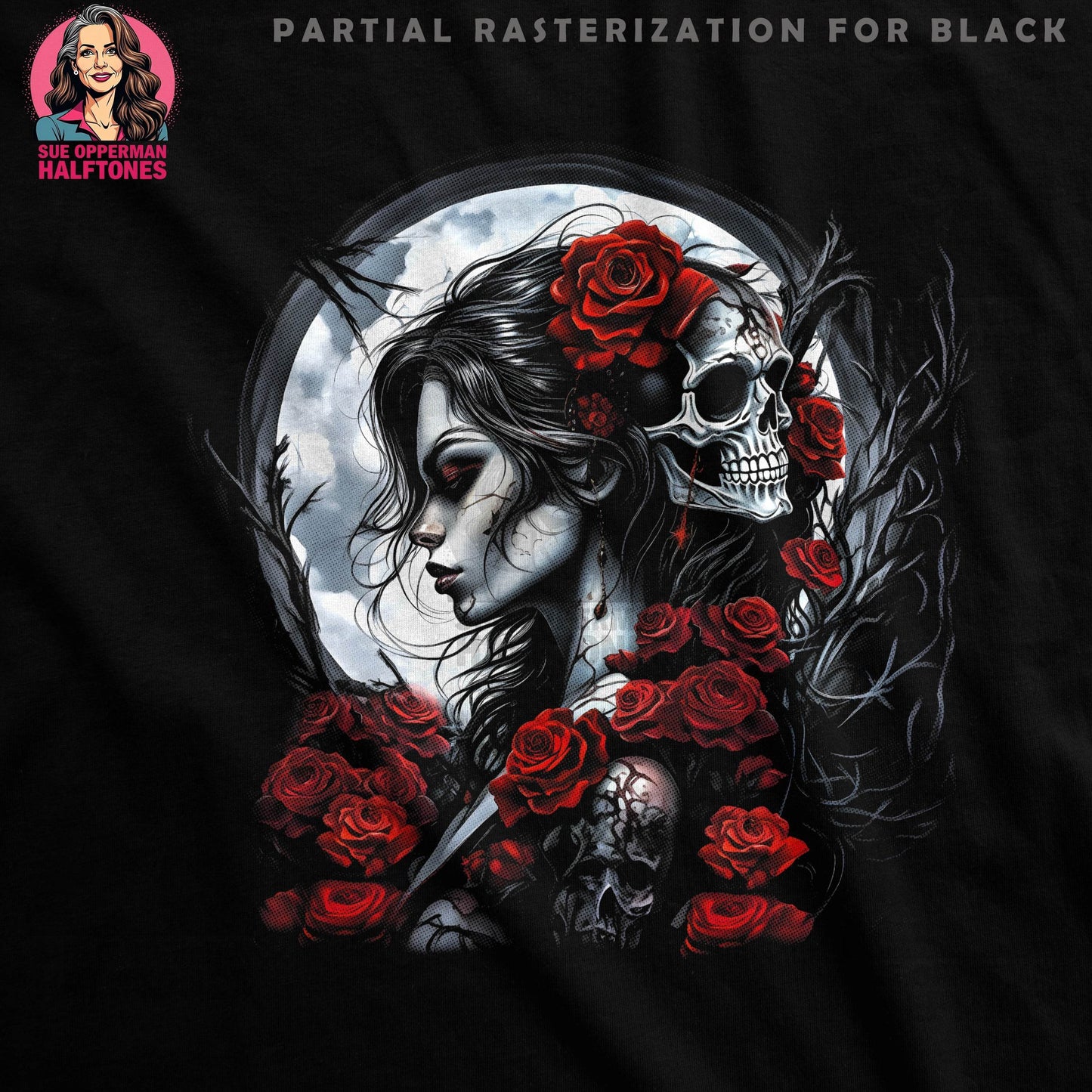 Skull Woman with Roses Halftone T-Shirt Design - halftone PNG for T-shirts – Sue Opperman Halftones