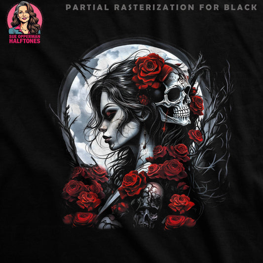 Skull Woman with Roses Halftone T-Shirt Design - halftone PNG for T-shirts – Sue Opperman Halftones