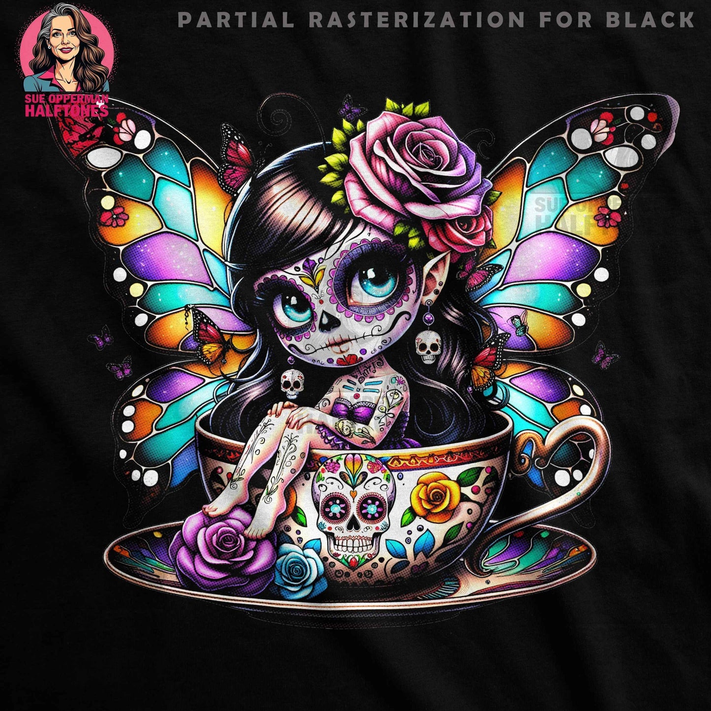 Whimsical Fairy in Cup Digital Halftone T-Shirt Design - halftone PNG for T-shirts – Sue Opperman Halftones