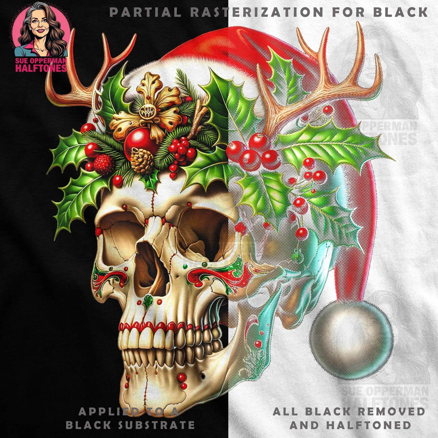 Christmas Skull Santa Halftone Skull Halftoned T-Shirt Designs - halftone PNG for T-shirts – Sue Opperman Halftones